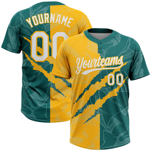 Custom Graffiti Pattern White Teal-Gold 3D Scratch Two-Button Unisex Softball Jersey - Main View