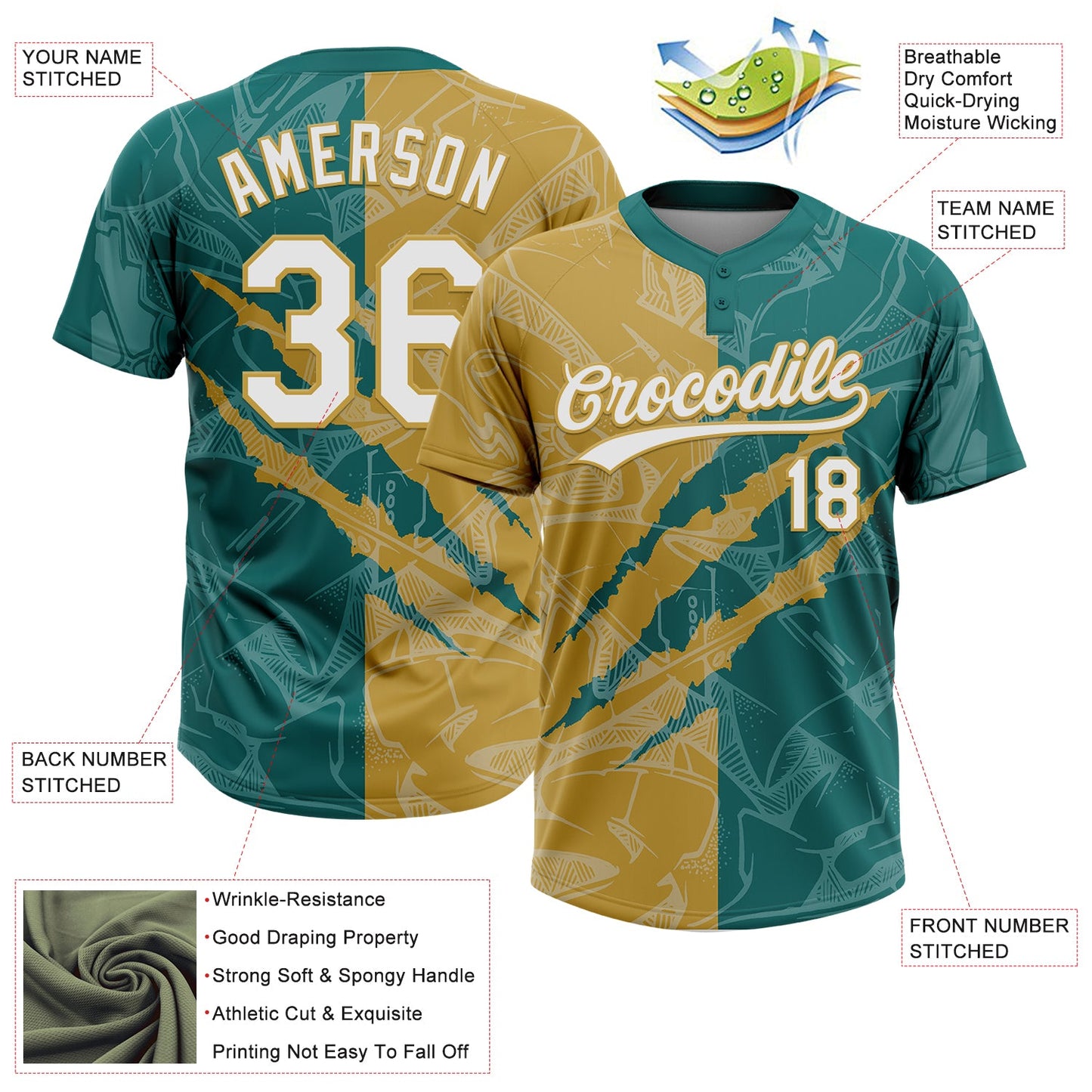 Custom Graffiti Pattern White Teal-Old Gold 3D Scratch Two-Button Unisex Softball Jersey view 3
