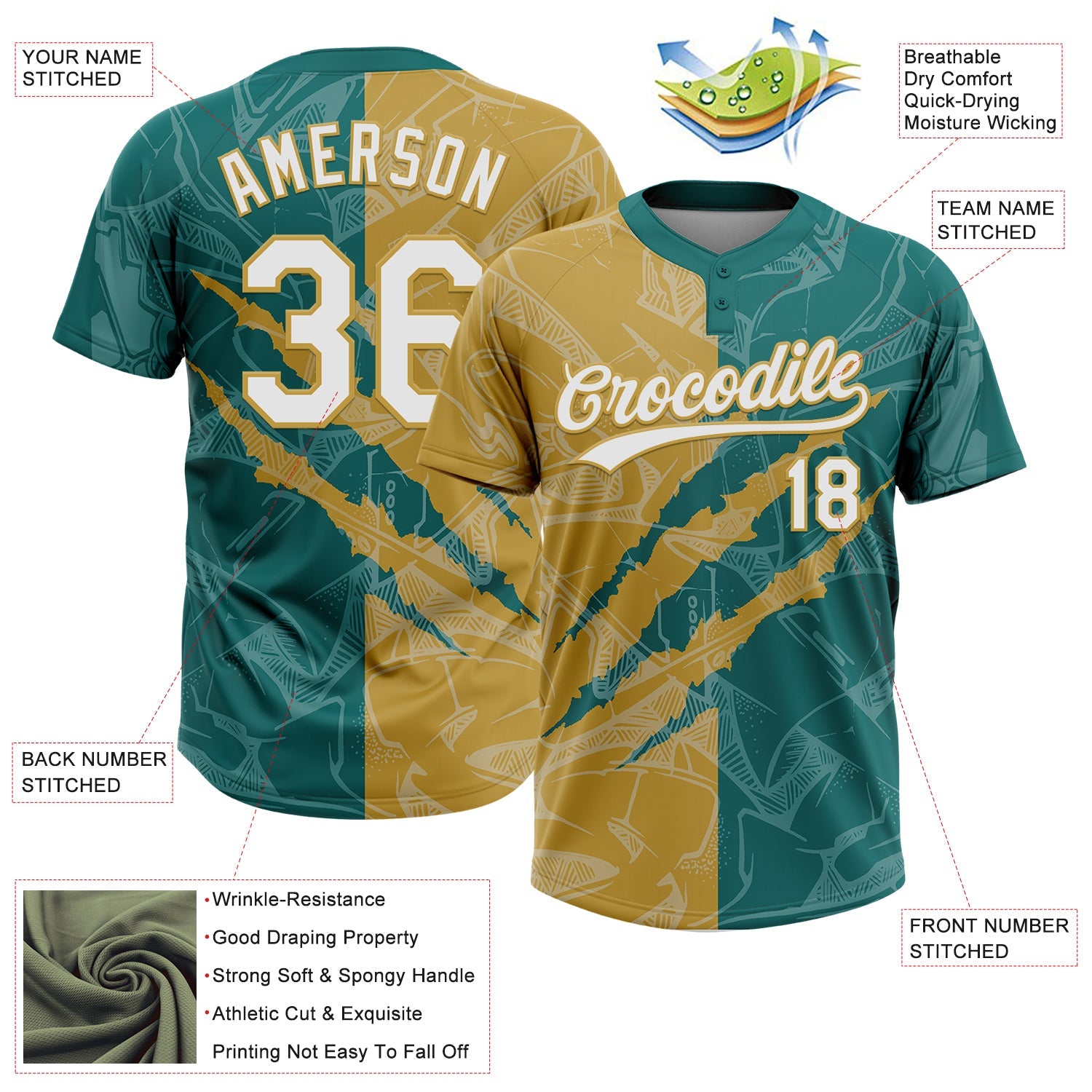 Custom Graffiti Pattern White Teal-Old Gold 3D Scratch Two-Button Unisex Softball Jersey view 3