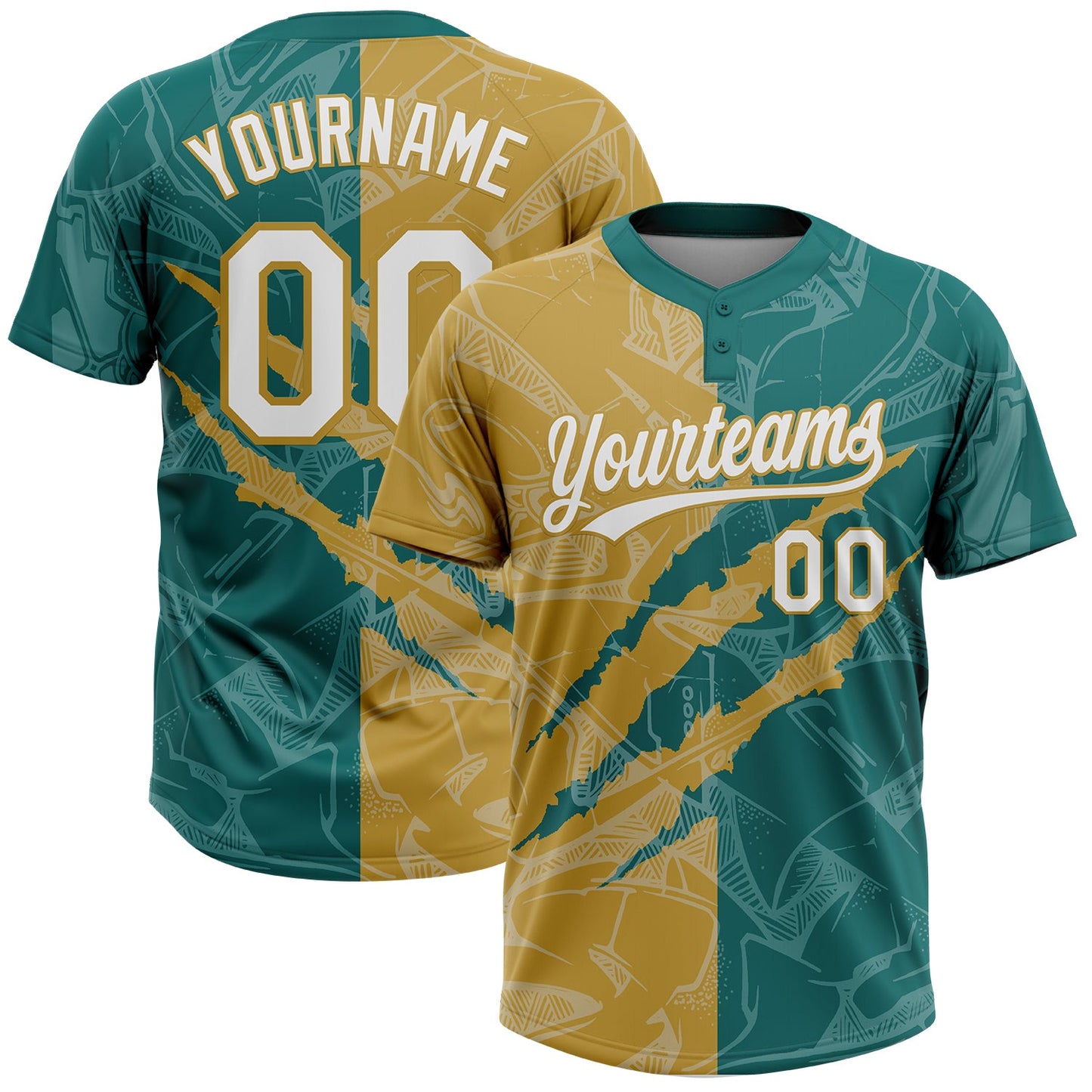Custom Graffiti Pattern White Teal-Old Gold 3D Scratch Two-Button Unisex Softball Jersey - Main View