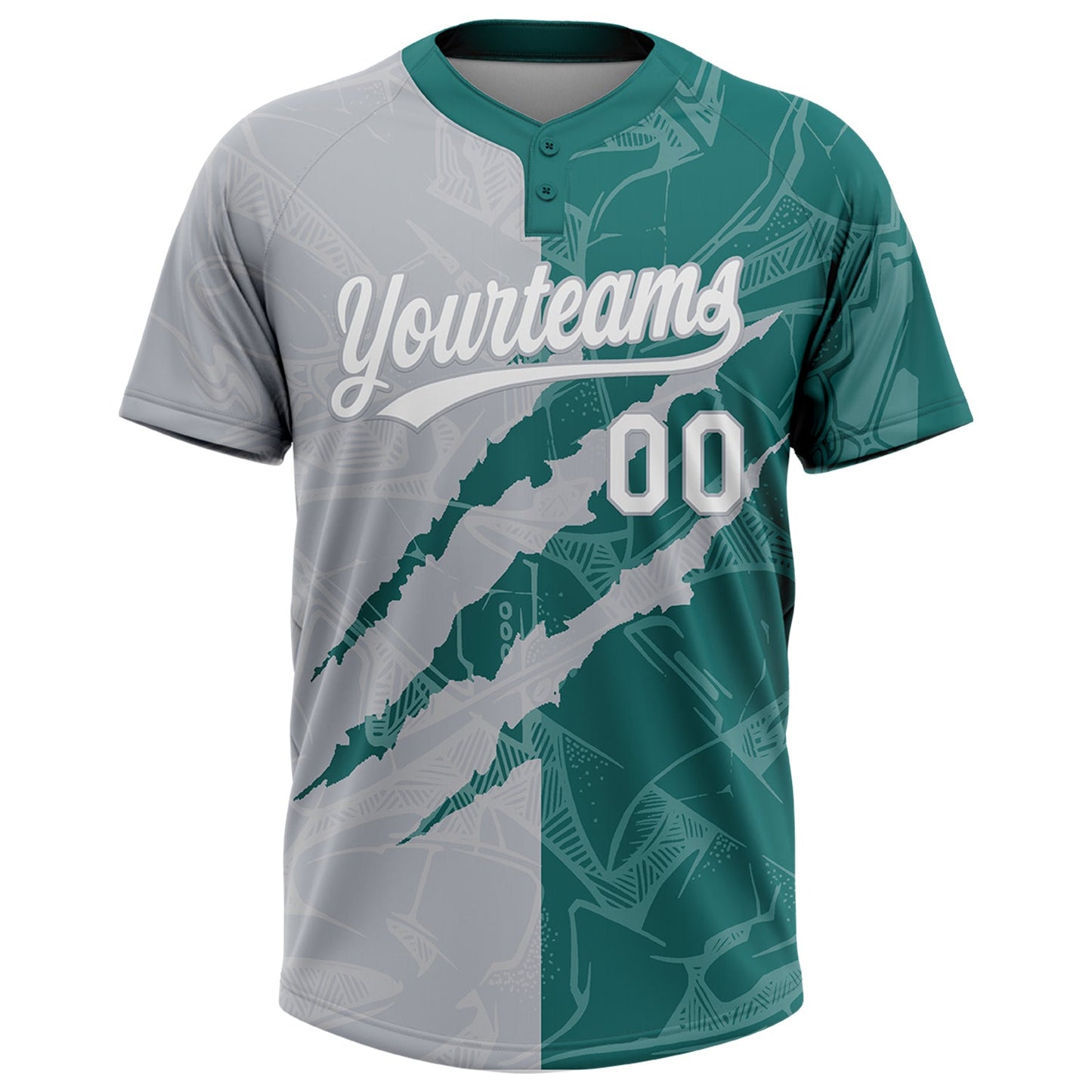 Custom Graffiti Pattern White Teal-Gray 3D Scratch Two-Button Unisex Softball Jersey view 2