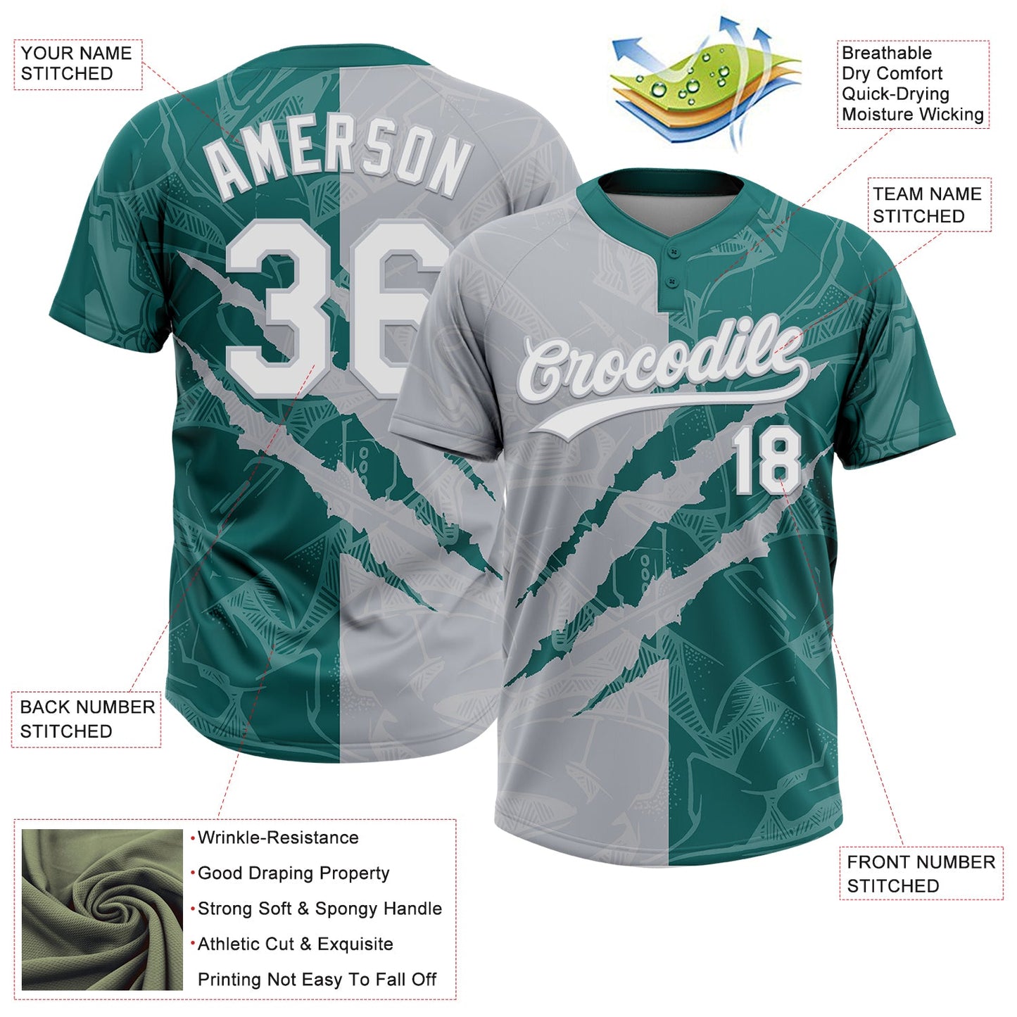 Custom Graffiti Pattern White Teal-Gray 3D Scratch Two-Button Unisex Softball Jersey view 3