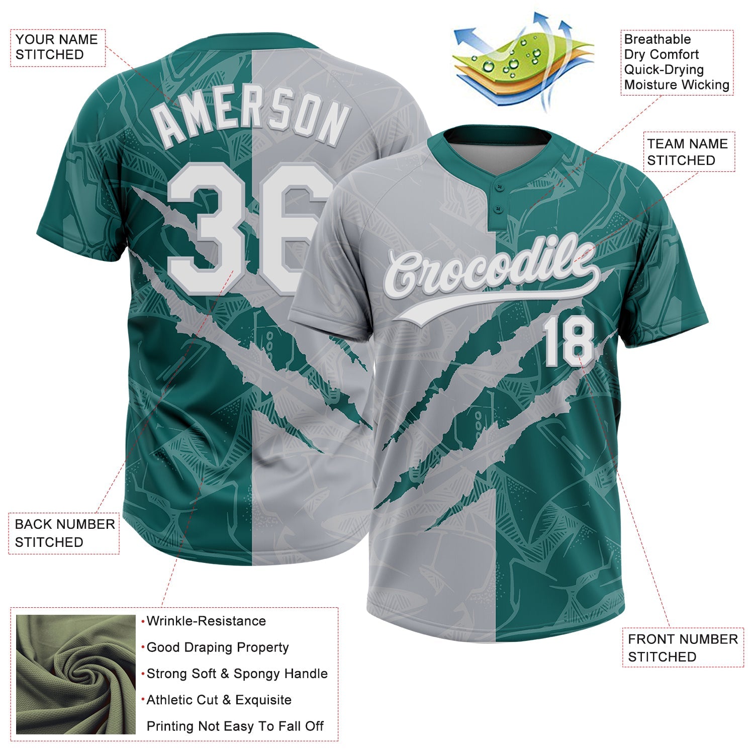 Custom Graffiti Pattern White Teal-Gray 3D Scratch Two-Button Unisex Softball Jersey view 3