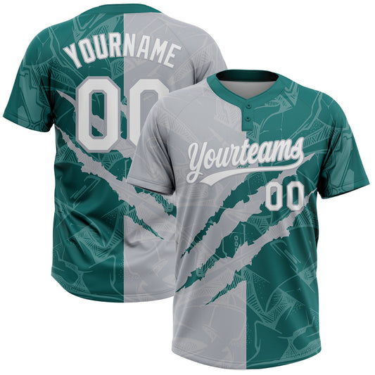 Custom Graffiti Pattern White Teal-Gray 3D Scratch Two-Button Unisex Softball Jersey - Main View