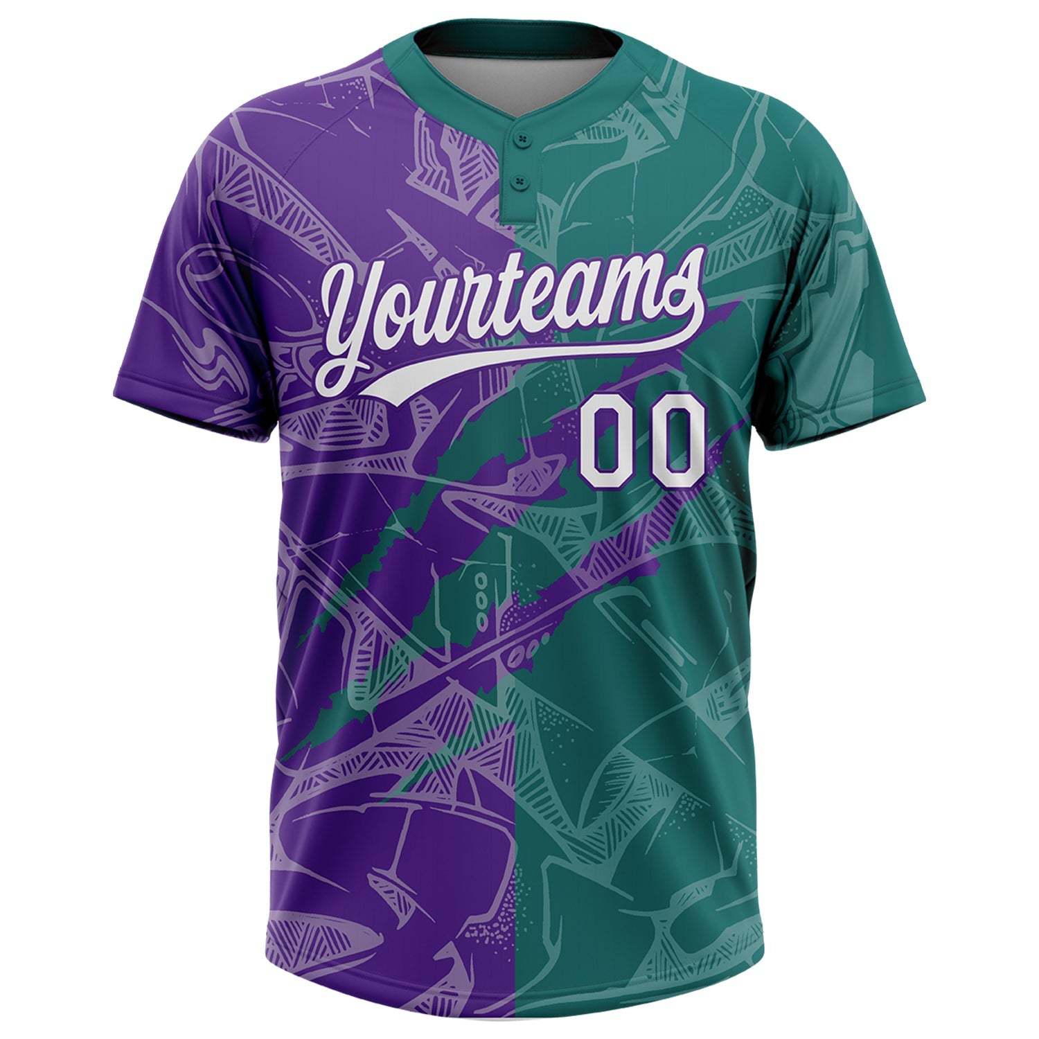 Custom Graffiti Pattern White Teal-Purple 3D Scratch Two-Button Unisex Softball Jersey view 2