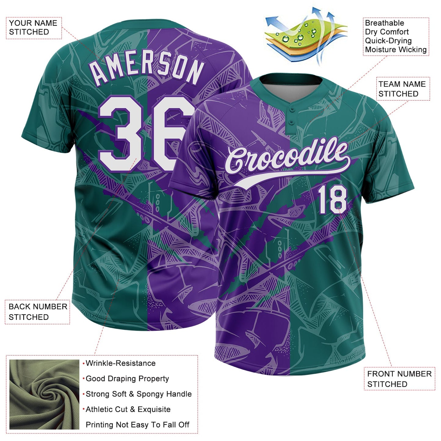 Custom Graffiti Pattern White Teal-Purple 3D Scratch Two-Button Unisex Softball Jersey view 3