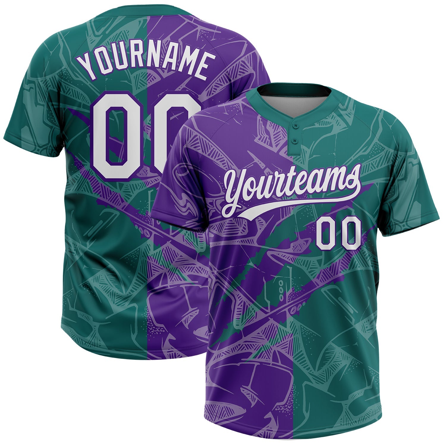 Custom Graffiti Pattern White Teal-Purple 3D Scratch Two-Button Unisex Softball Jersey - Main View
