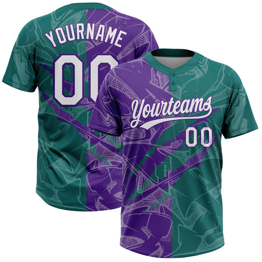 Custom Graffiti Pattern White Teal-Purple 3D Scratch Two-Button Unisex Softball Jersey - Main View