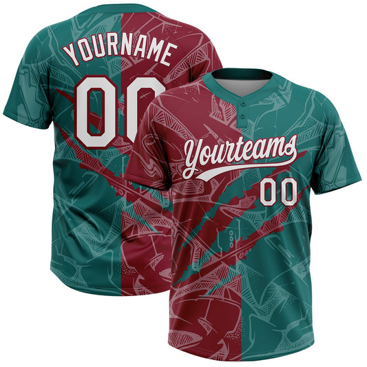 Custom Graffiti Pattern White Teal-Crimson 3D Scratch Two-Button Unisex Softball Jersey - Main View