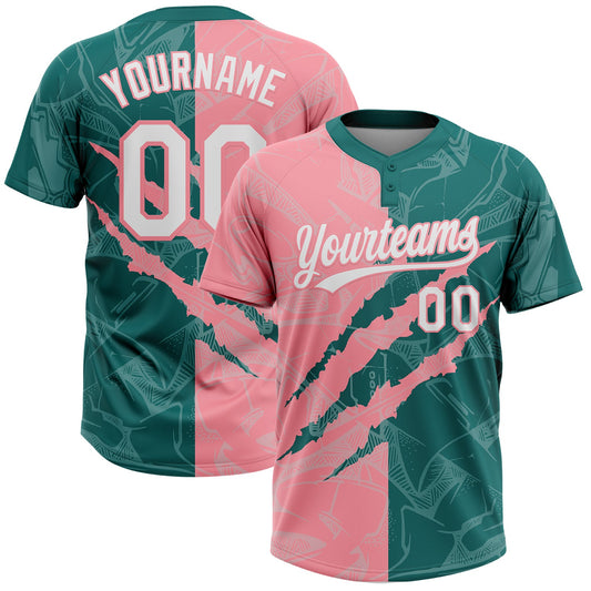 Custom Graffiti Pattern White Teal-Medium Pink 3D Scratch Two-Button Unisex Softball Jersey - Main View