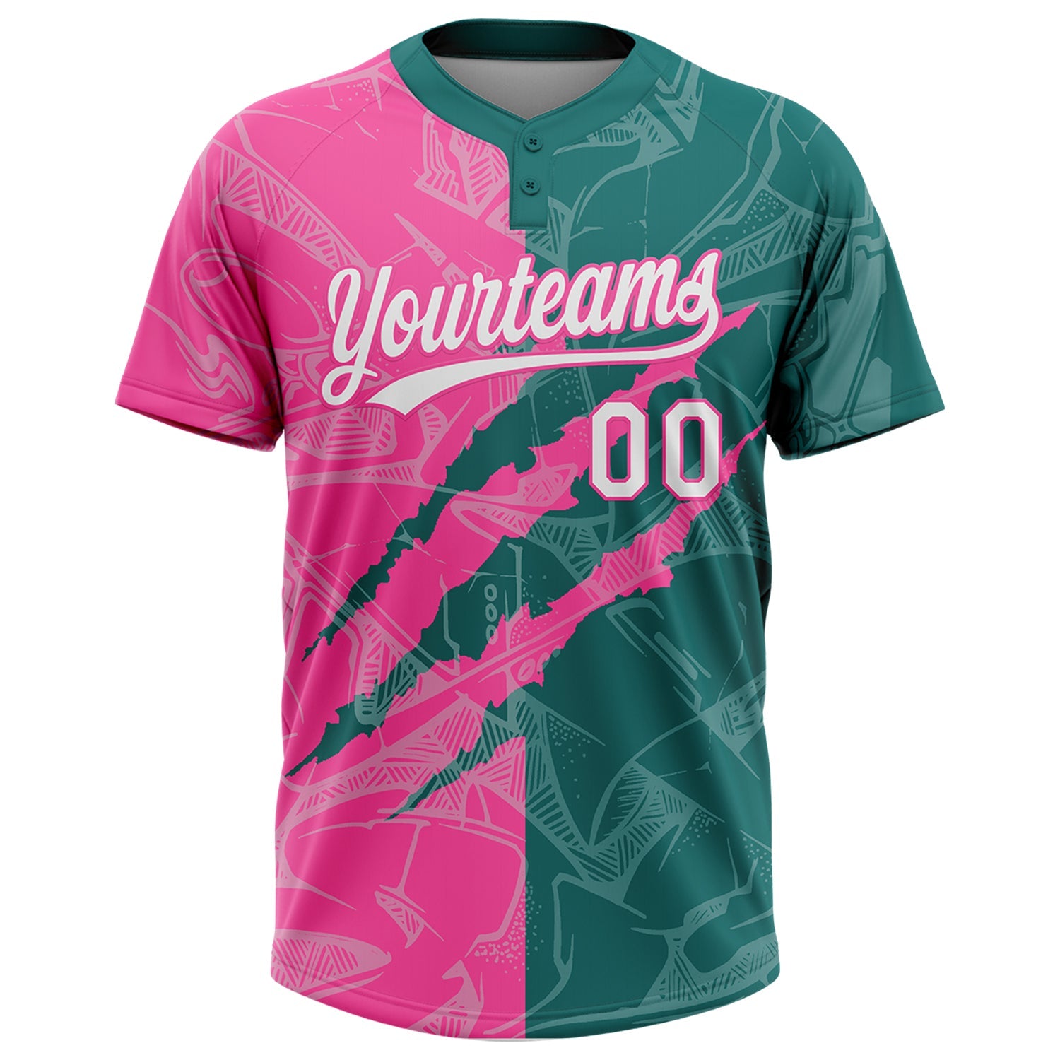 Custom Graffiti Pattern White Teal-Pink 3D Scratch Two-Button Unisex Softball Jersey view 2