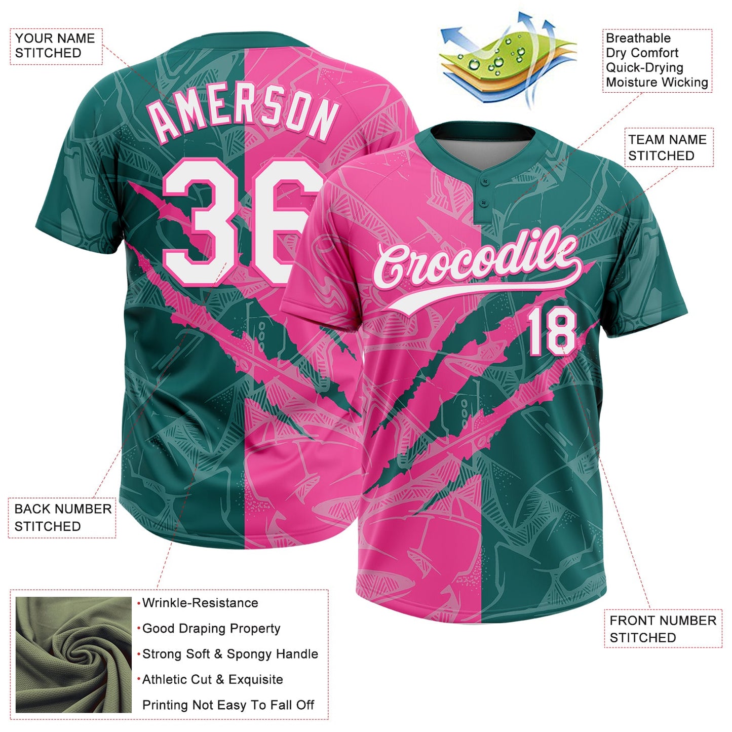 Custom Graffiti Pattern White Teal-Pink 3D Scratch Two-Button Unisex Softball Jersey view 3