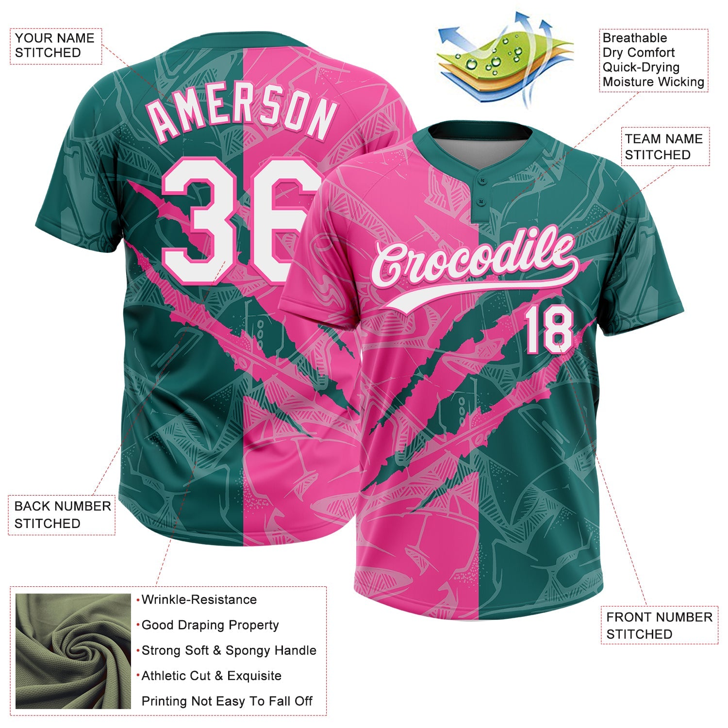 Custom Graffiti Pattern White Teal-Pink 3D Scratch Two-Button Unisex Softball Jersey view 3