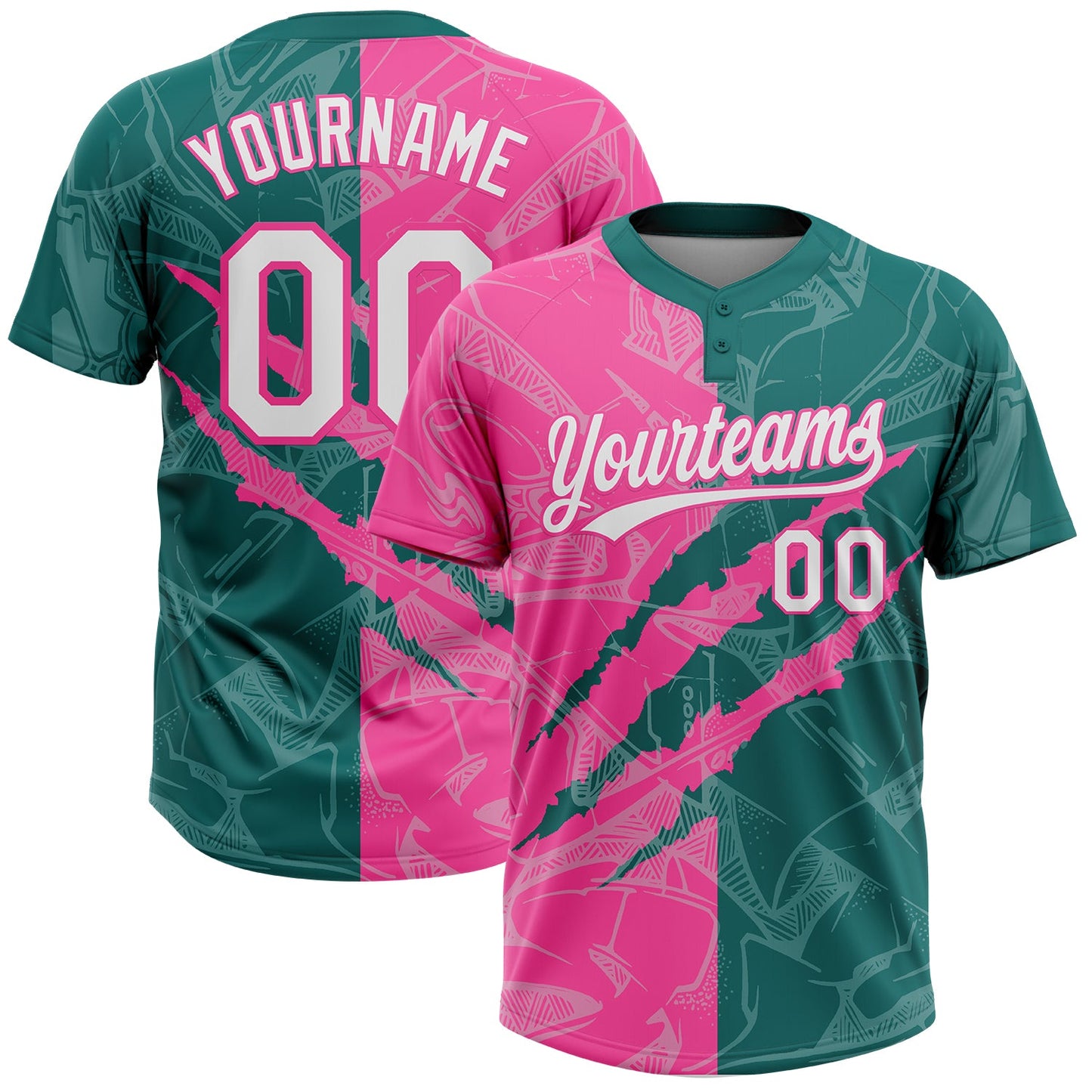 Custom Graffiti Pattern White Teal-Pink 3D Scratch Two-Button Unisex Softball Jersey - Main View