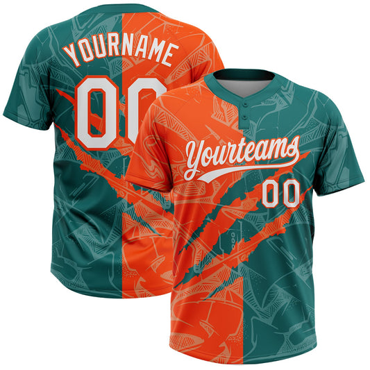 Custom Graffiti Pattern White Teal-Orange 3D Scratch Two-Button Unisex Softball Jersey - Main View
