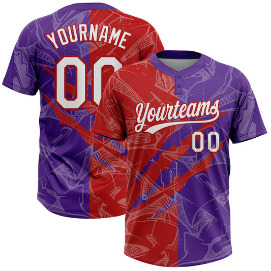 Custom Graffiti Pattern White Purple-Red 3D Scratch Two-Button Unisex Softball Jersey - Main View