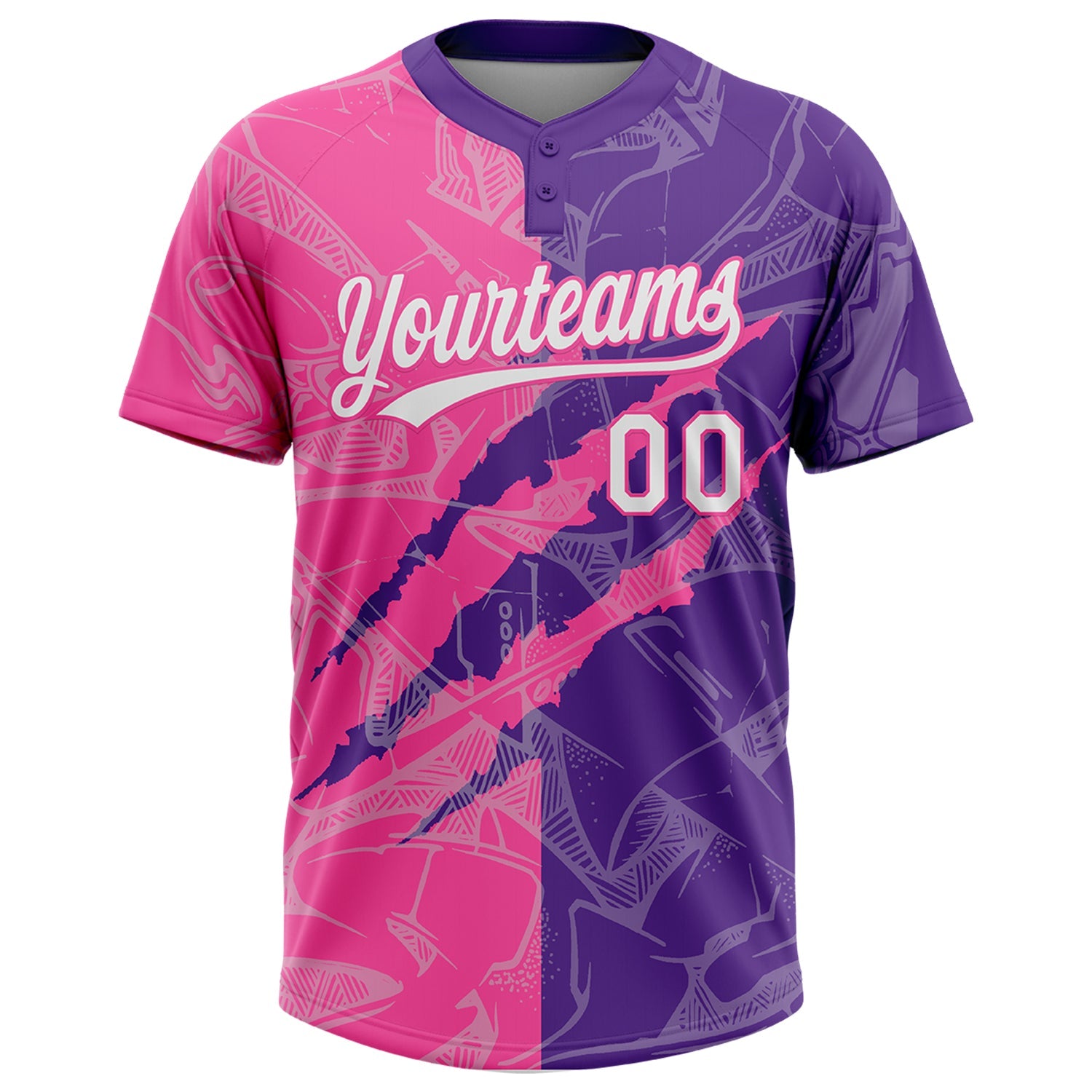 Custom Graffiti Pattern White Purple-Pink 3D Scratch Two-Button Unisex Softball Jersey view 2