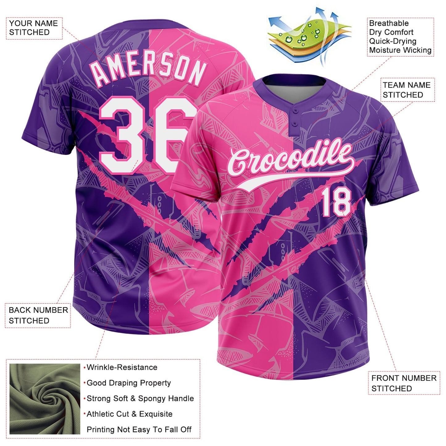 Custom Graffiti Pattern White Purple-Pink 3D Scratch Two-Button Unisex Softball Jersey view 3