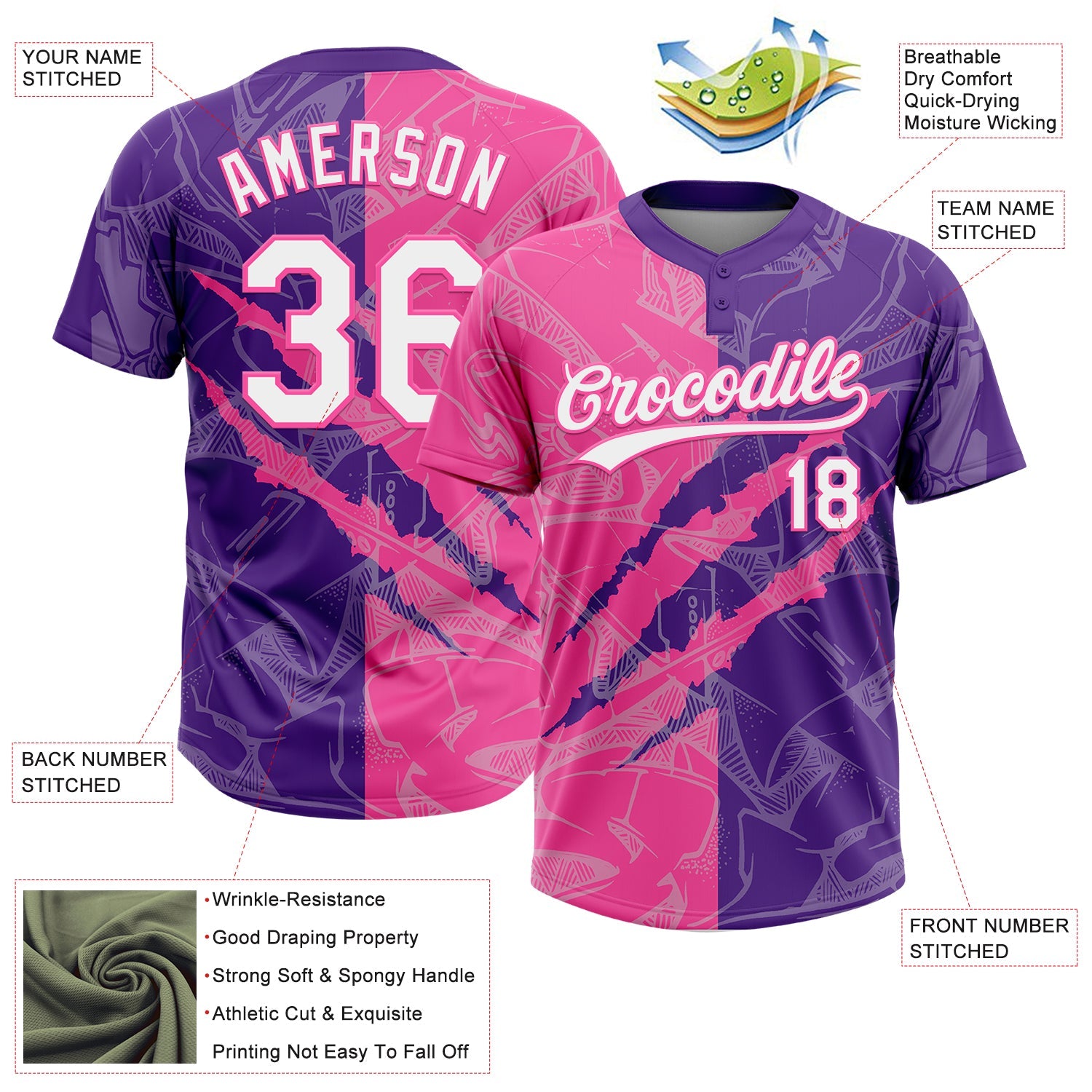 Custom Graffiti Pattern White Purple-Pink 3D Scratch Two-Button Unisex Softball Jersey view 3