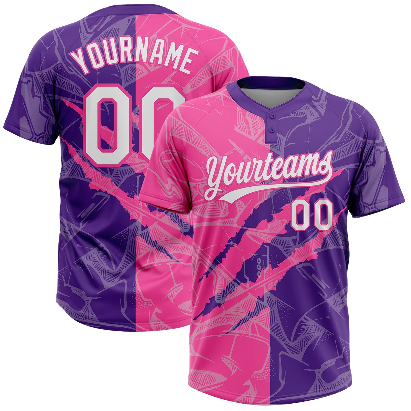 Custom Graffiti Pattern White Purple-Pink 3D Scratch Two-Button Unisex Softball Jersey - Main View