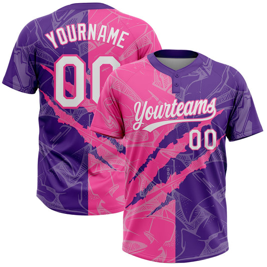 Custom Graffiti Pattern White Purple-Pink 3D Scratch Two-Button Unisex Softball Jersey - Main View