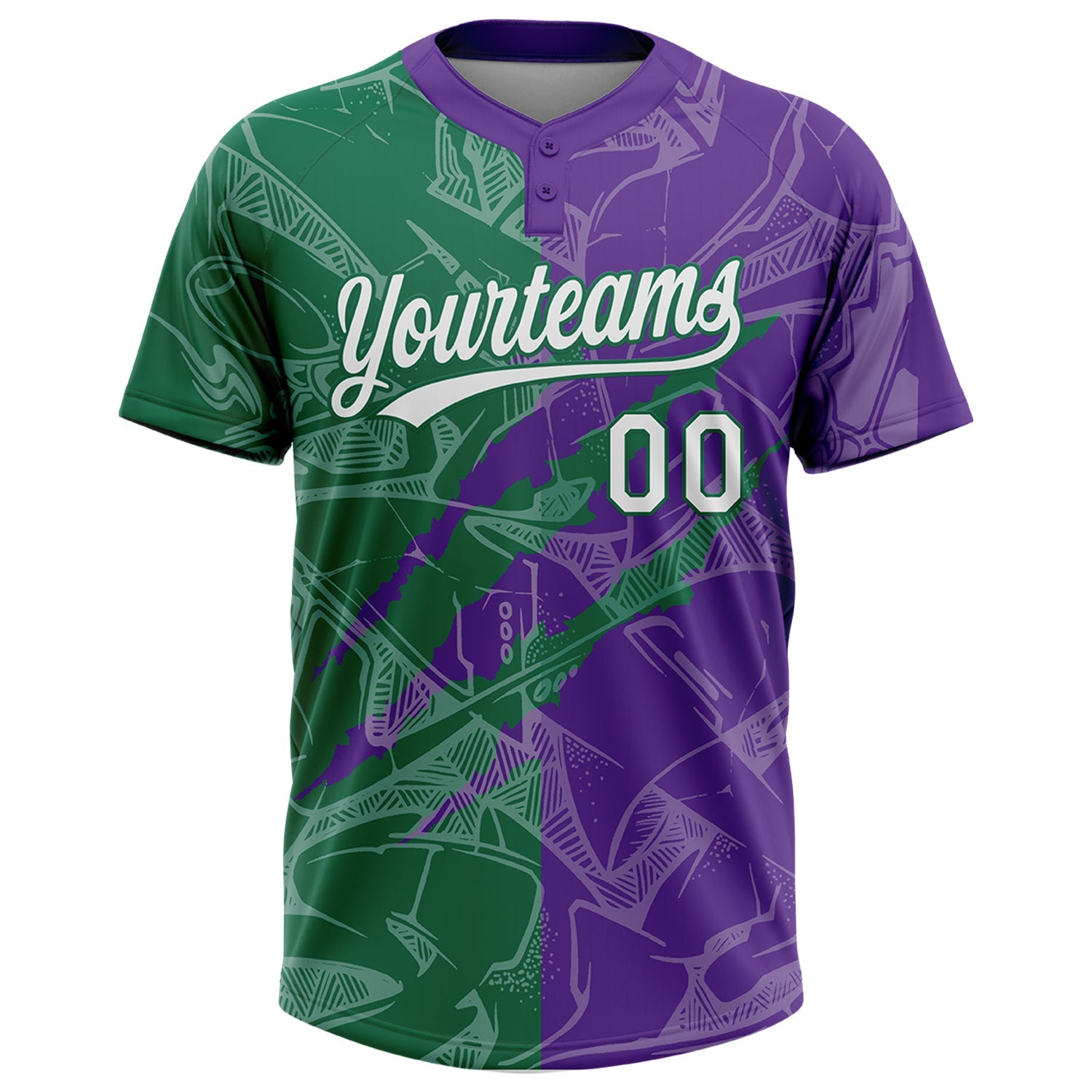 Custom Graffiti Pattern White Purple-Kelly Green 3D Scratch Two-Button Unisex Softball Jersey view 2