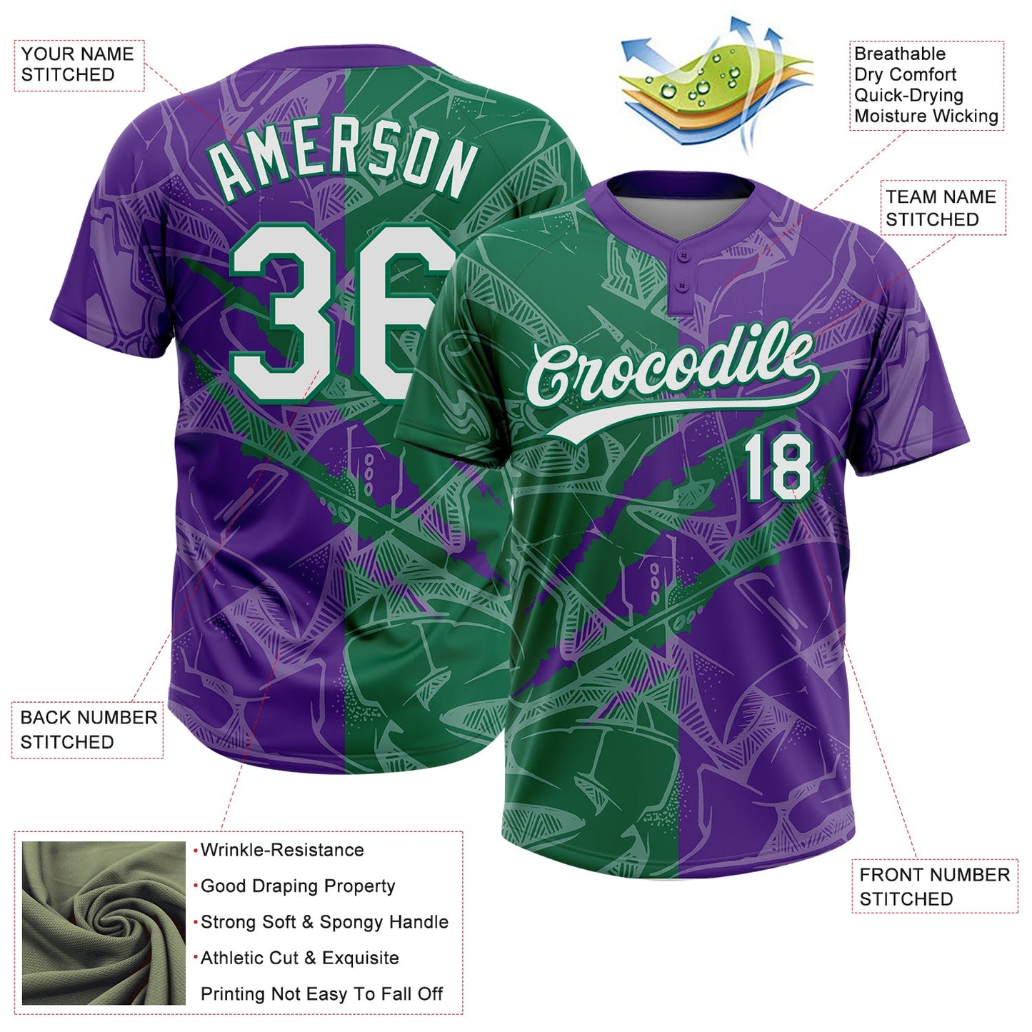 Custom Graffiti Pattern White Purple-Kelly Green 3D Scratch Two-Button Unisex Softball Jersey view 3