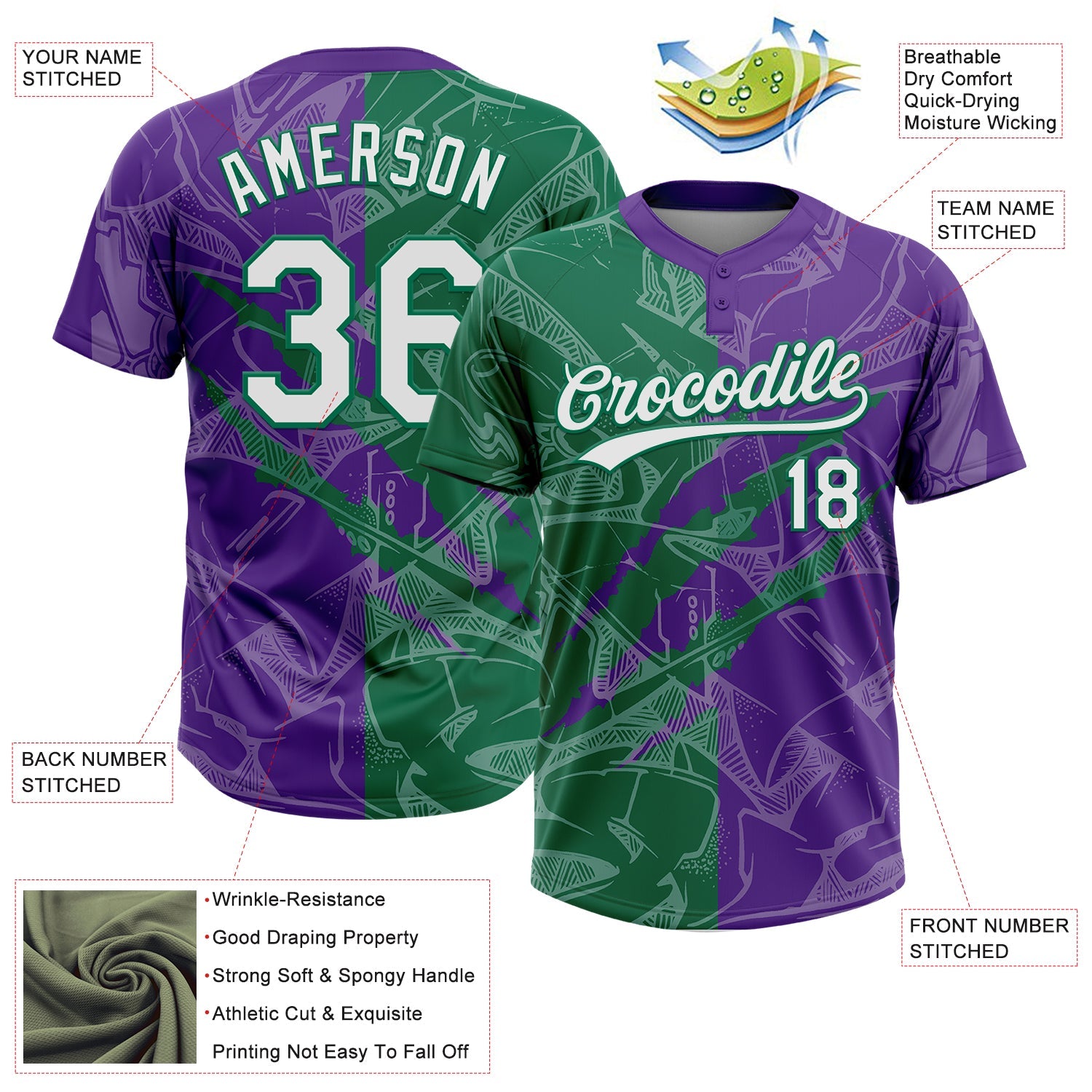 Custom Graffiti Pattern White Purple-Kelly Green 3D Scratch Two-Button Unisex Softball Jersey view 3