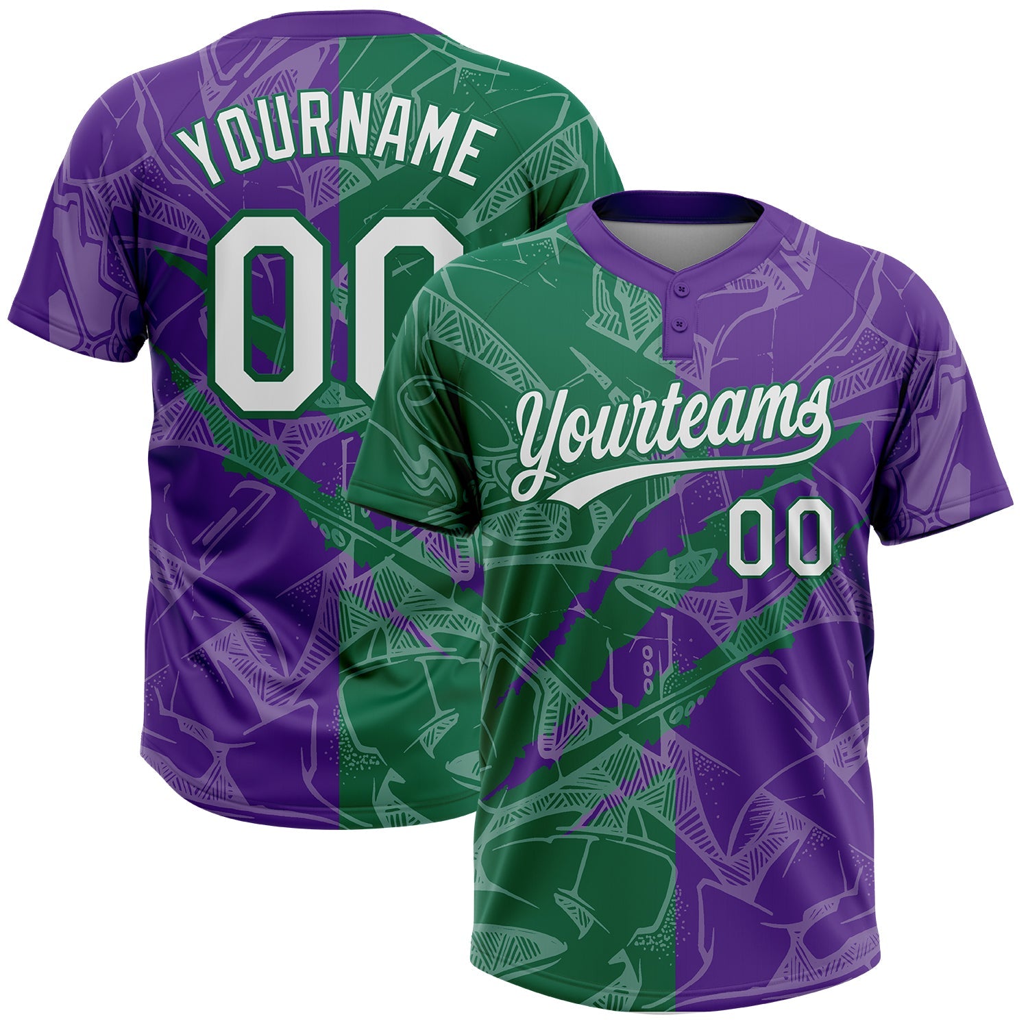 Custom Graffiti Pattern White Purple-Kelly Green 3D Scratch Two-Button Unisex Softball Jersey - Main View