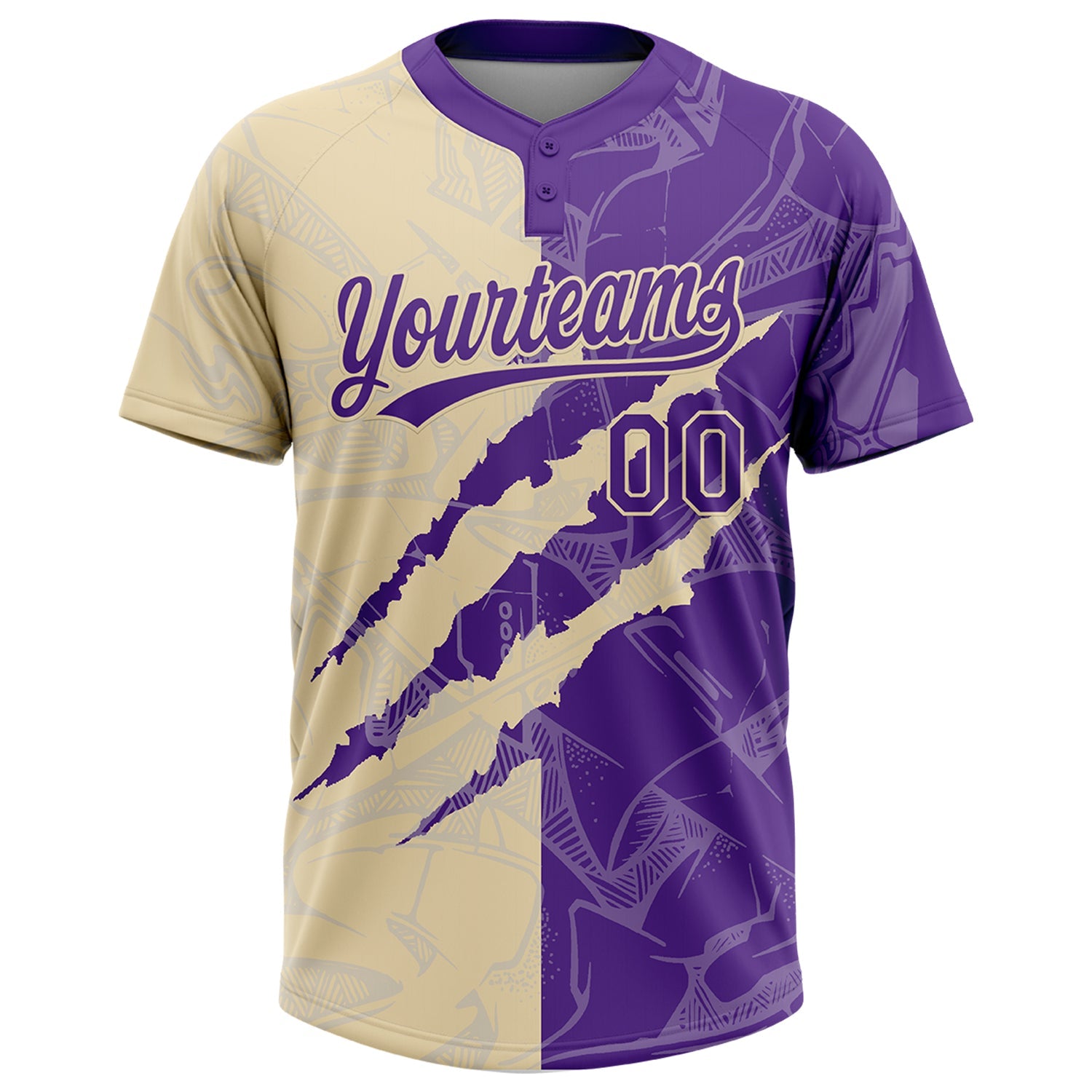 Custom Graffiti Pattern Purple-Cream 3D Scratch Two-Button Unisex Softball Jersey view 2