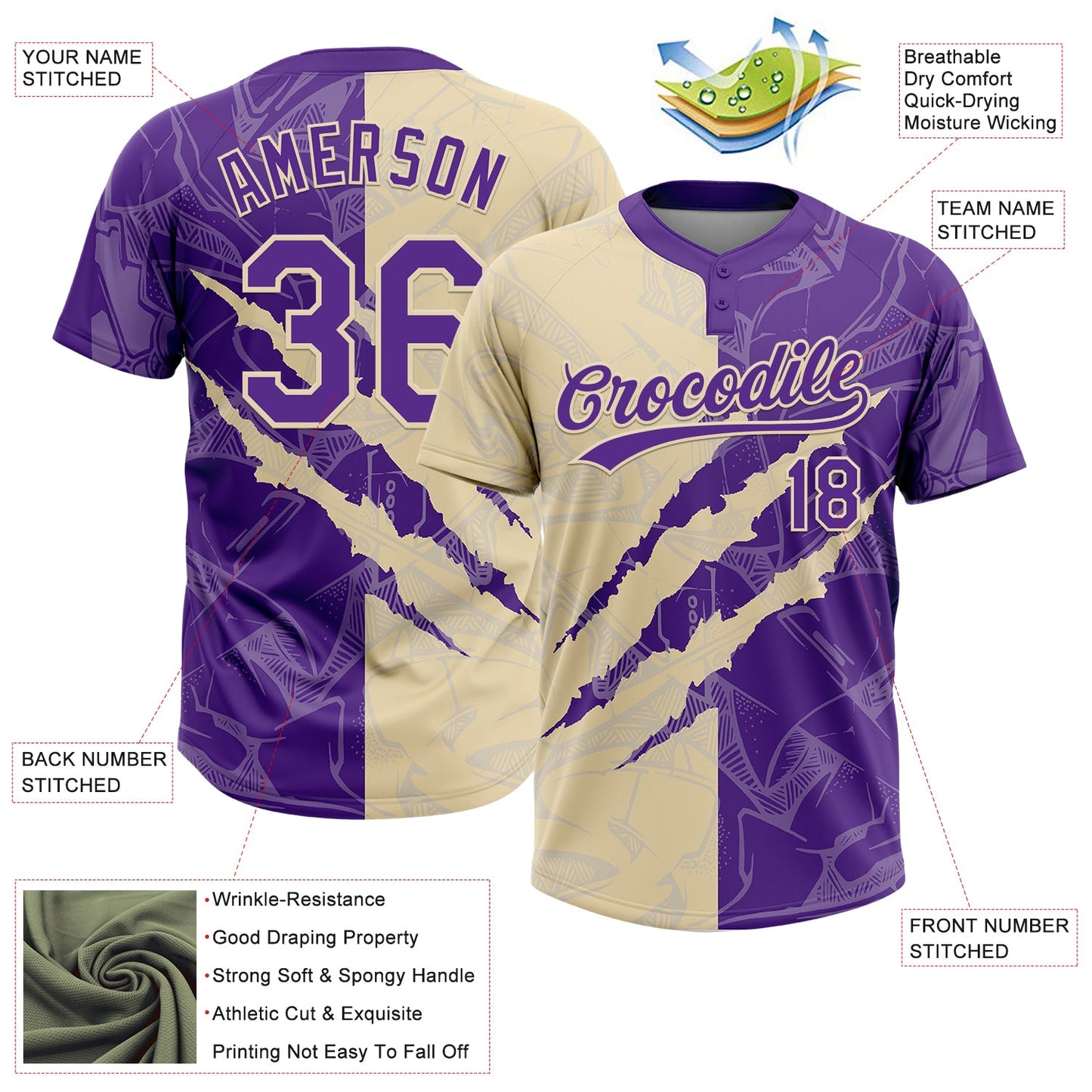 Custom Graffiti Pattern Purple-Cream 3D Scratch Two-Button Unisex Softball Jersey view 3