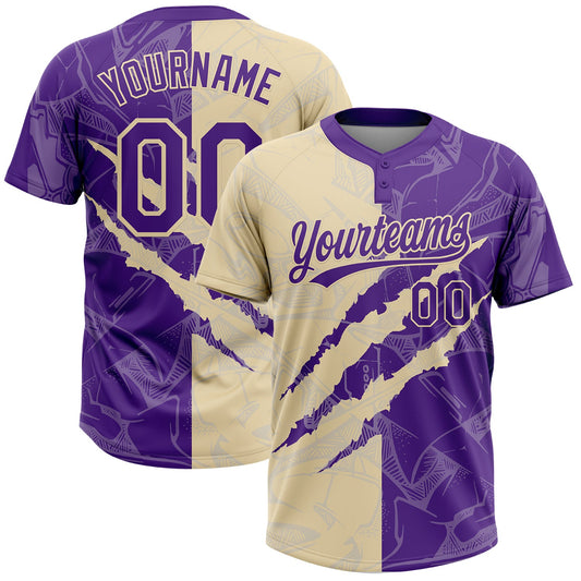 Custom Graffiti Pattern Purple-Cream 3D Scratch Two-Button Unisex Softball Jersey - Main View