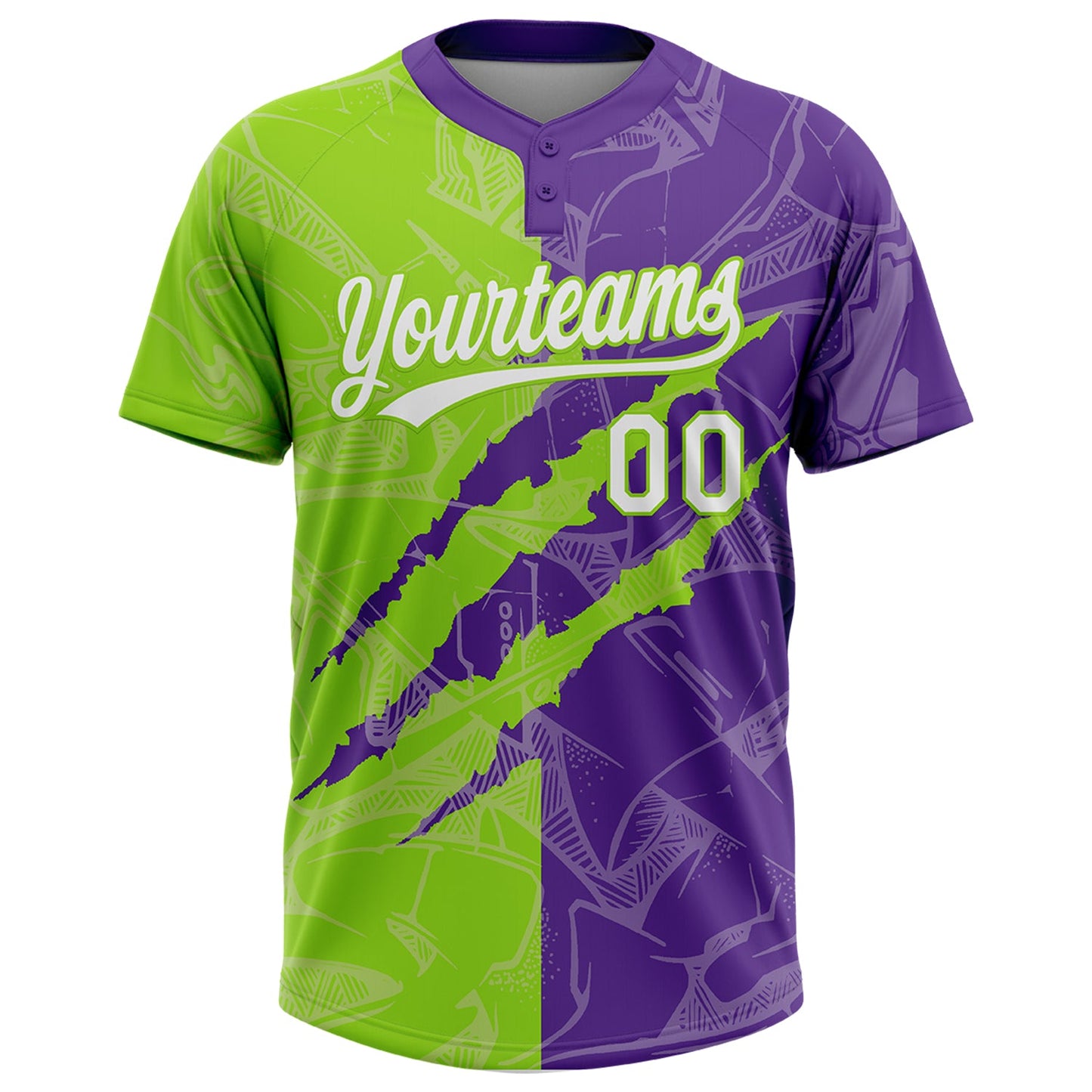 Custom Graffiti Pattern White Purple-Neon Green 3D Scratch Two-Button Unisex Softball Jersey view 2