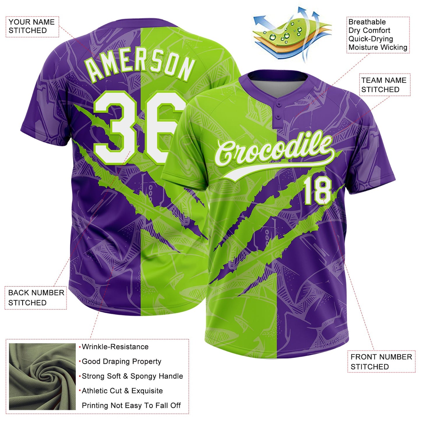 Custom Graffiti Pattern White Purple-Neon Green 3D Scratch Two-Button Unisex Softball Jersey view 3