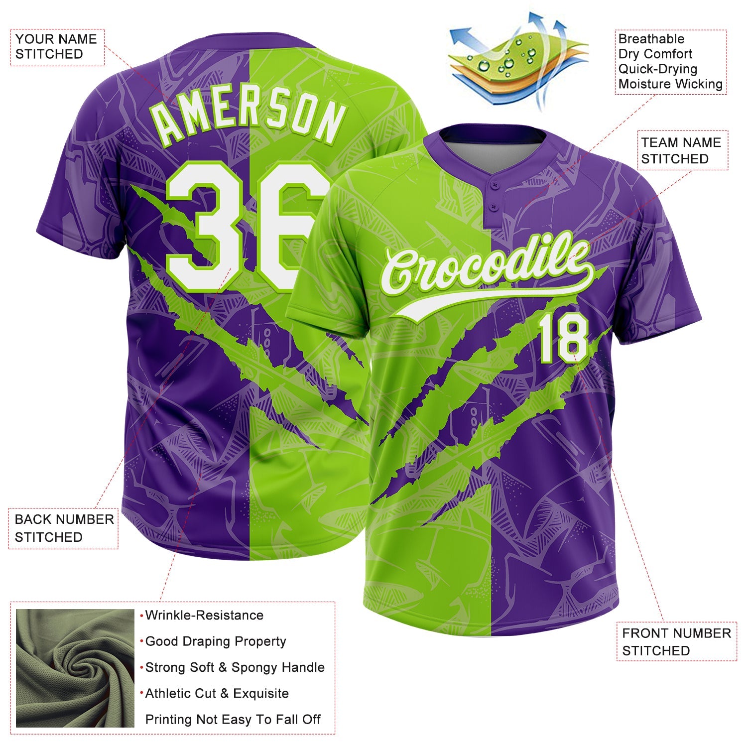Custom Graffiti Pattern White Purple-Neon Green 3D Scratch Two-Button Unisex Softball Jersey view 3