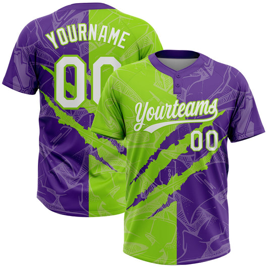 Custom Graffiti Pattern White Purple-Neon Green 3D Scratch Two-Button Unisex Softball Jersey - Main View