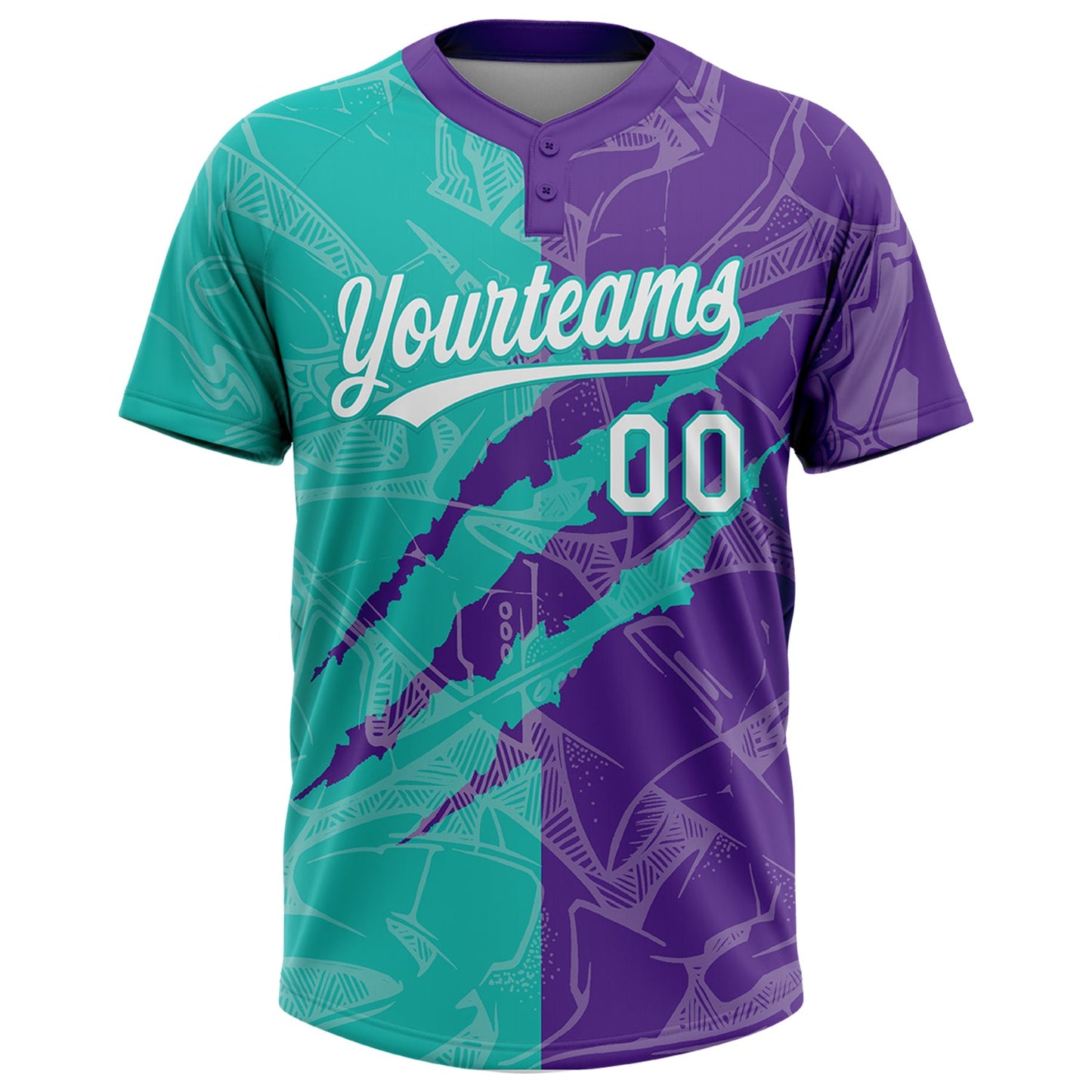 Custom Graffiti Pattern White Purple-Aqua 3D Scratch Two-Button Unisex Softball Jersey view 2