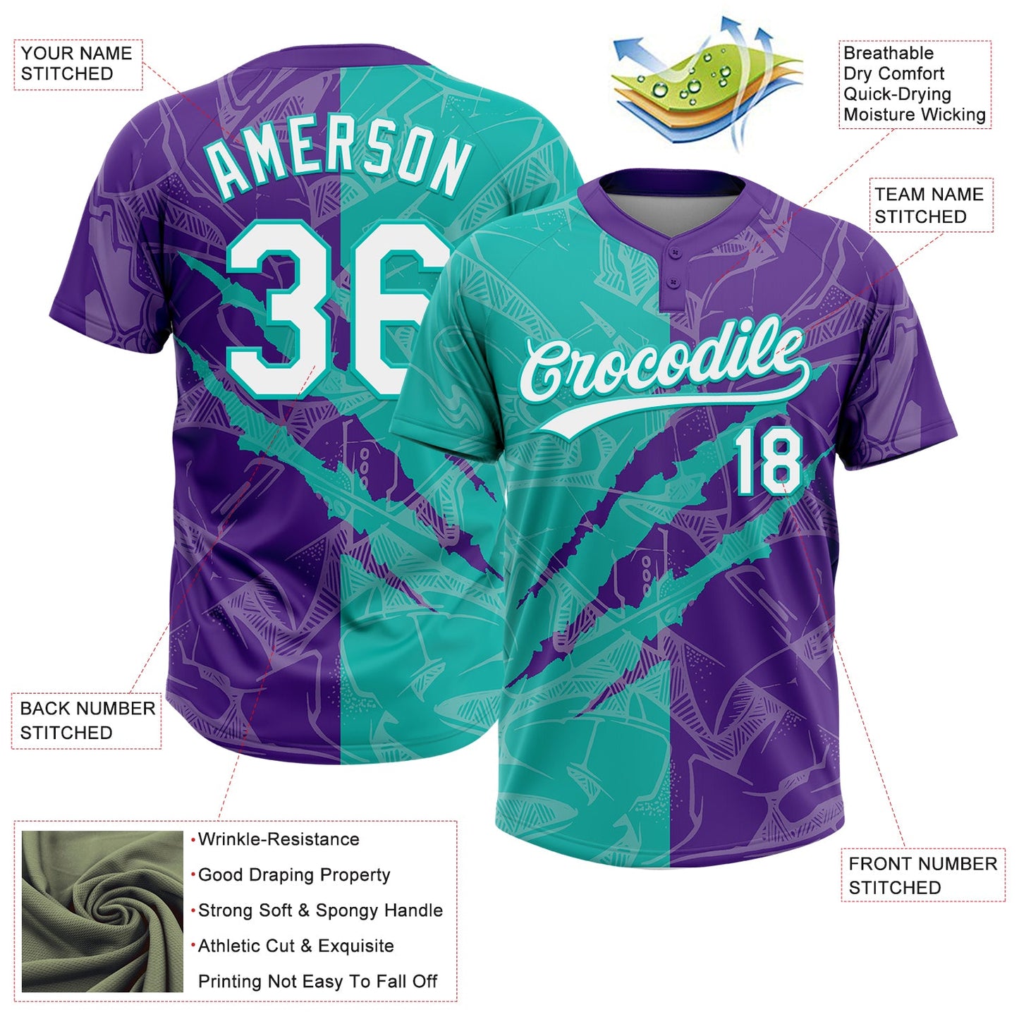 Custom Graffiti Pattern White Purple-Aqua 3D Scratch Two-Button Unisex Softball Jersey view 3