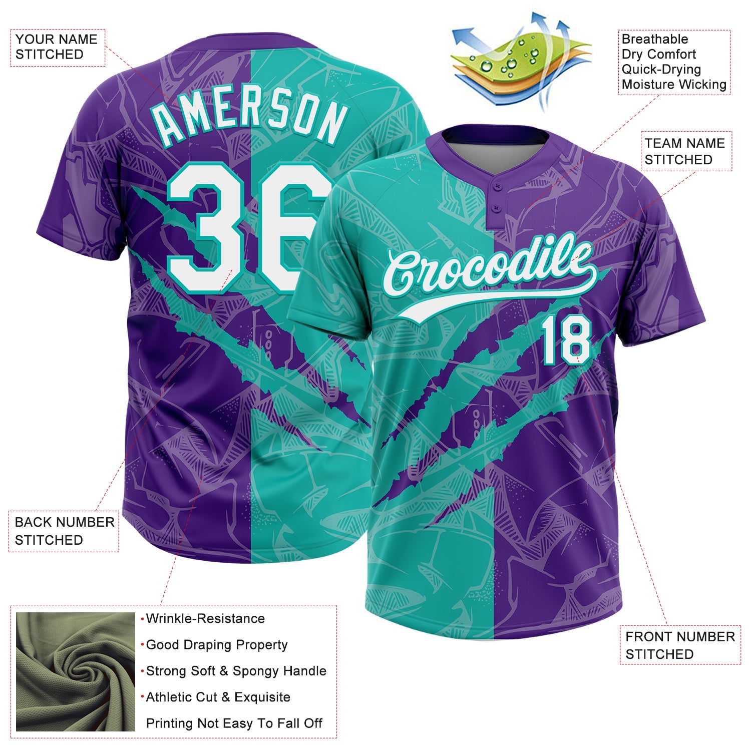 Custom Graffiti Pattern White Purple-Aqua 3D Scratch Two-Button Unisex Softball Jersey view 3