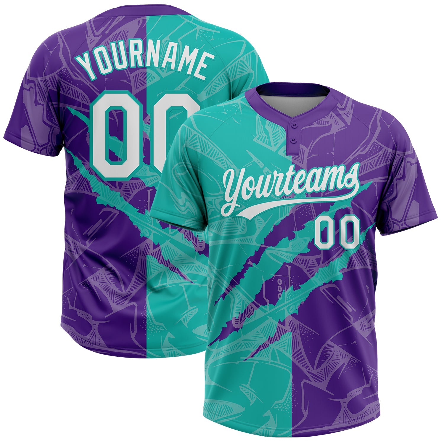 Custom Graffiti Pattern White Purple-Aqua 3D Scratch Two-Button Unisex Softball Jersey - Main View