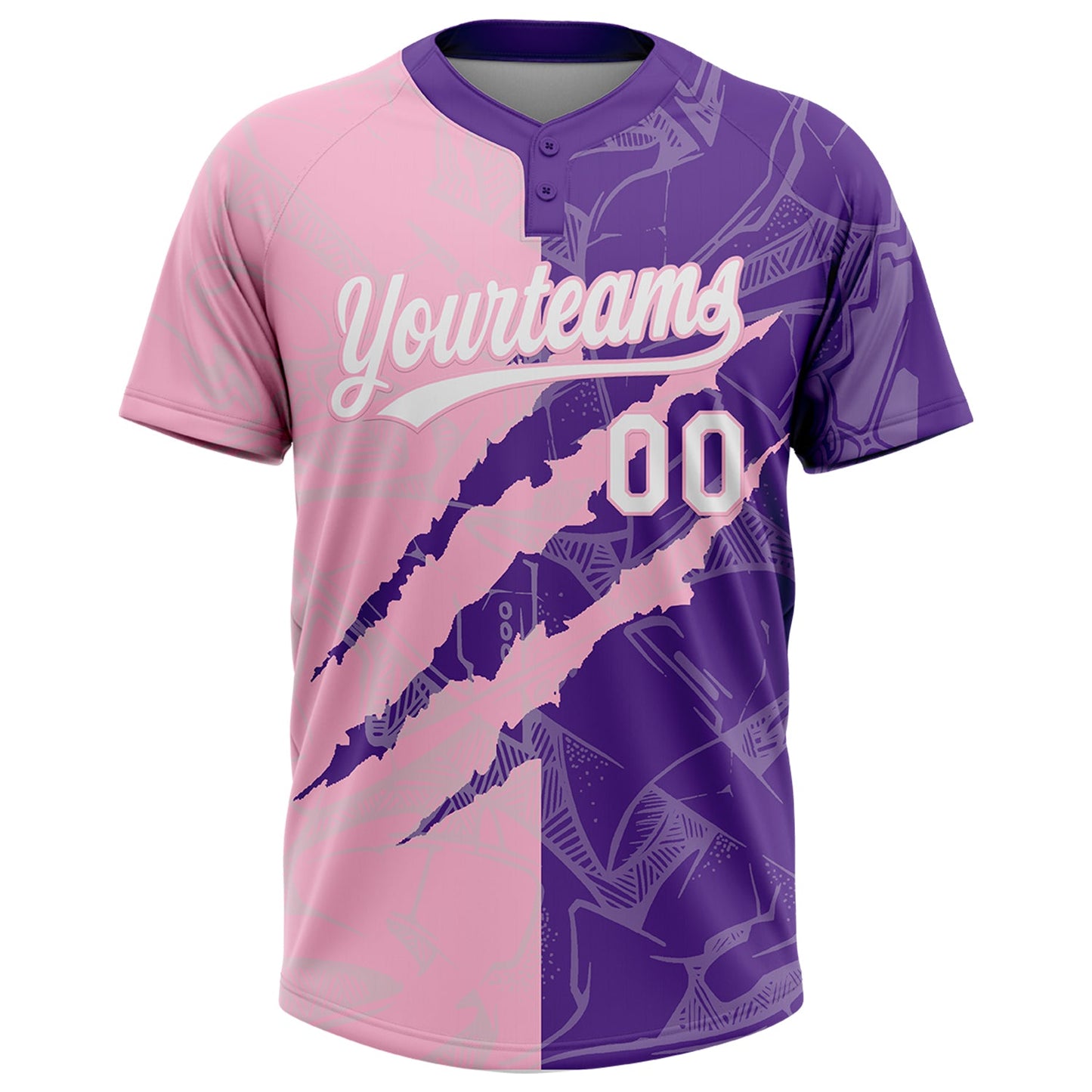 Custom Graffiti Pattern White Purple-Light Pink 3D Scratch Two-Button Unisex Softball Jersey view 2
