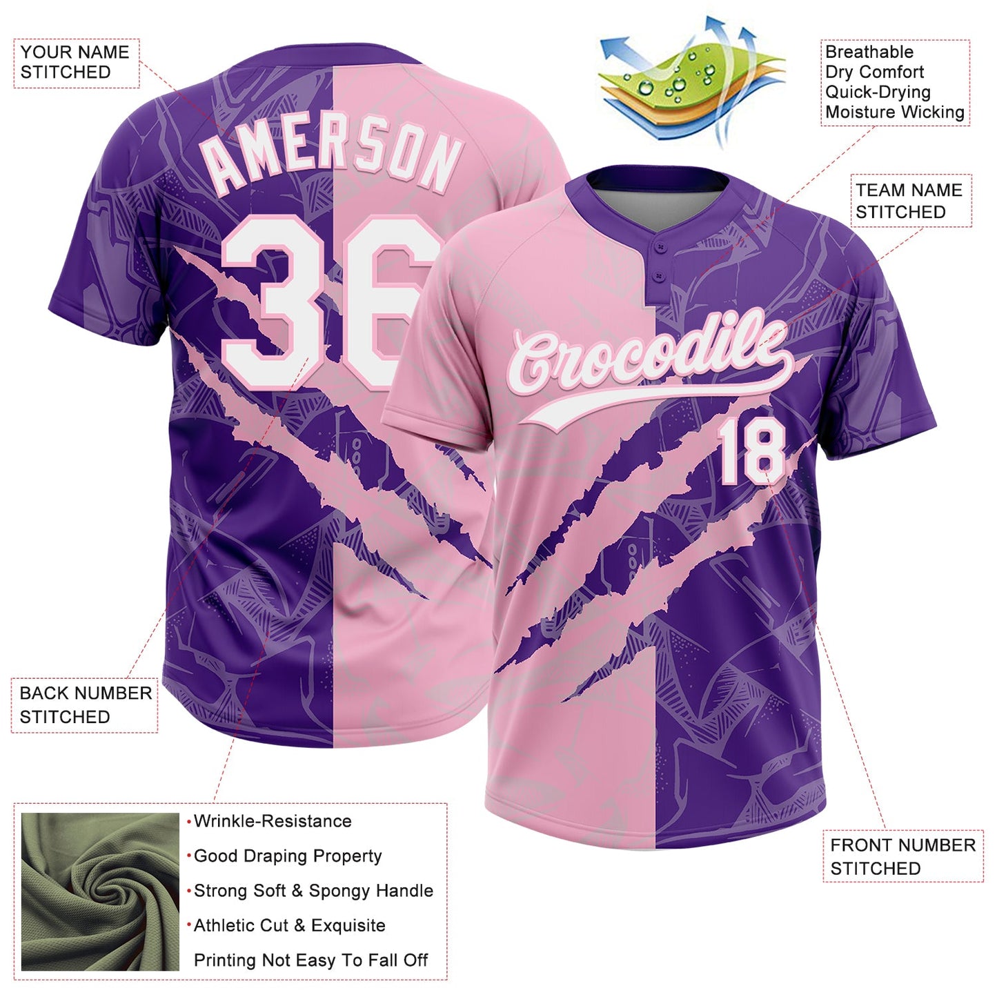 Custom Graffiti Pattern White Purple-Light Pink 3D Scratch Two-Button Unisex Softball Jersey view 3