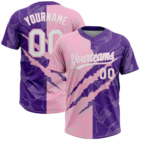 Custom Graffiti Pattern White Purple-Light Pink 3D Scratch Two-Button Unisex Softball Jersey - Main View