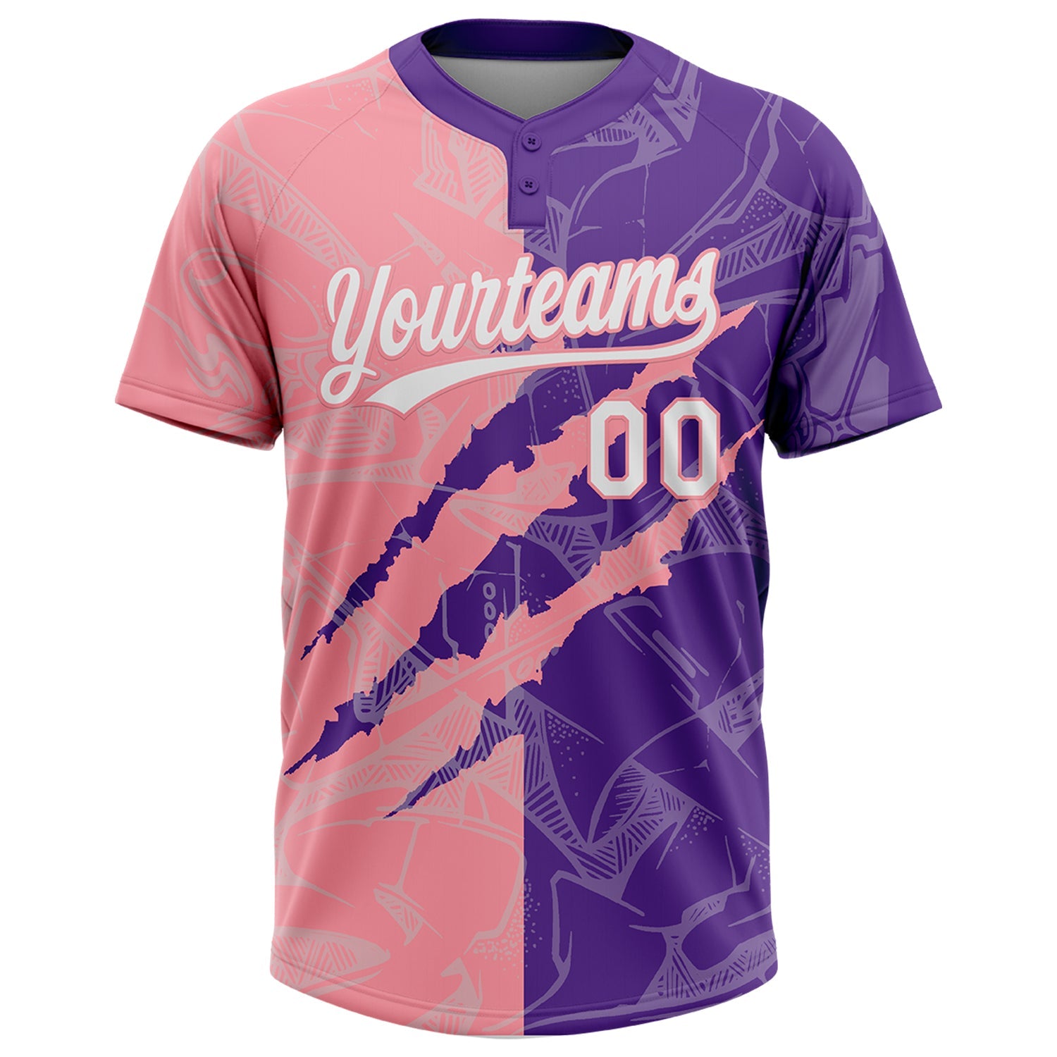 Custom Graffiti Pattern White Purple-Medium Pink 3D Scratch Two-Button Unisex Softball Jersey view 2