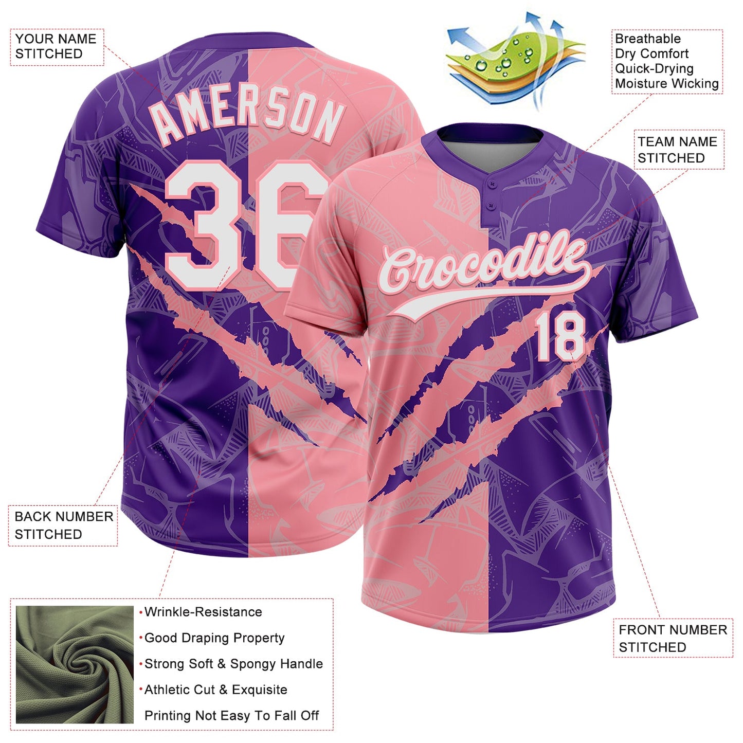 Custom Graffiti Pattern White Purple-Medium Pink 3D Scratch Two-Button Unisex Softball Jersey view 3