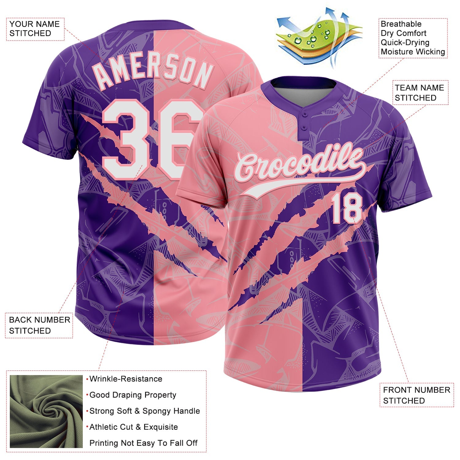 Custom Graffiti Pattern White Purple-Medium Pink 3D Scratch Two-Button Unisex Softball Jersey view 3