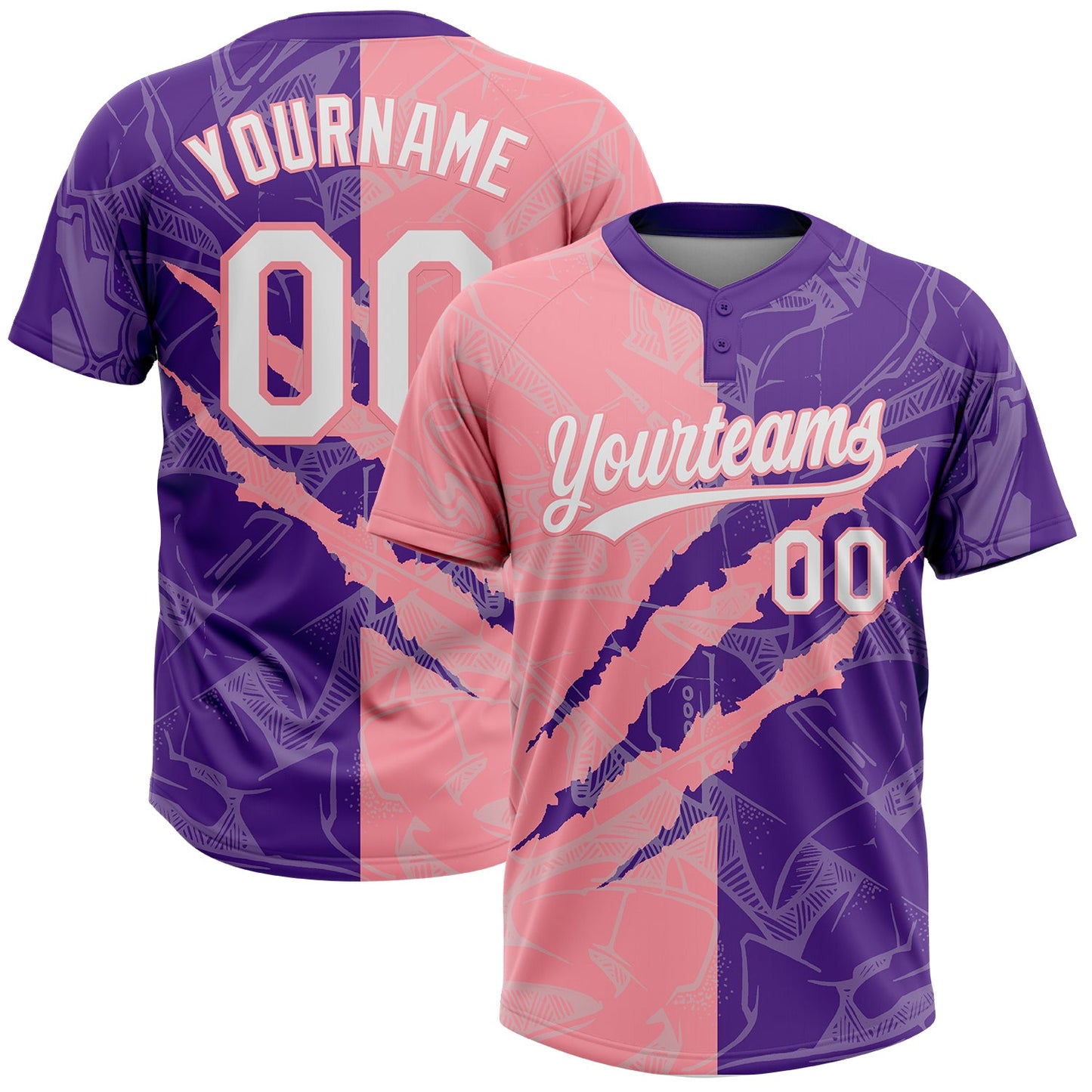 Custom Graffiti Pattern White Purple-Medium Pink 3D Scratch Two-Button Unisex Softball Jersey - Main View
