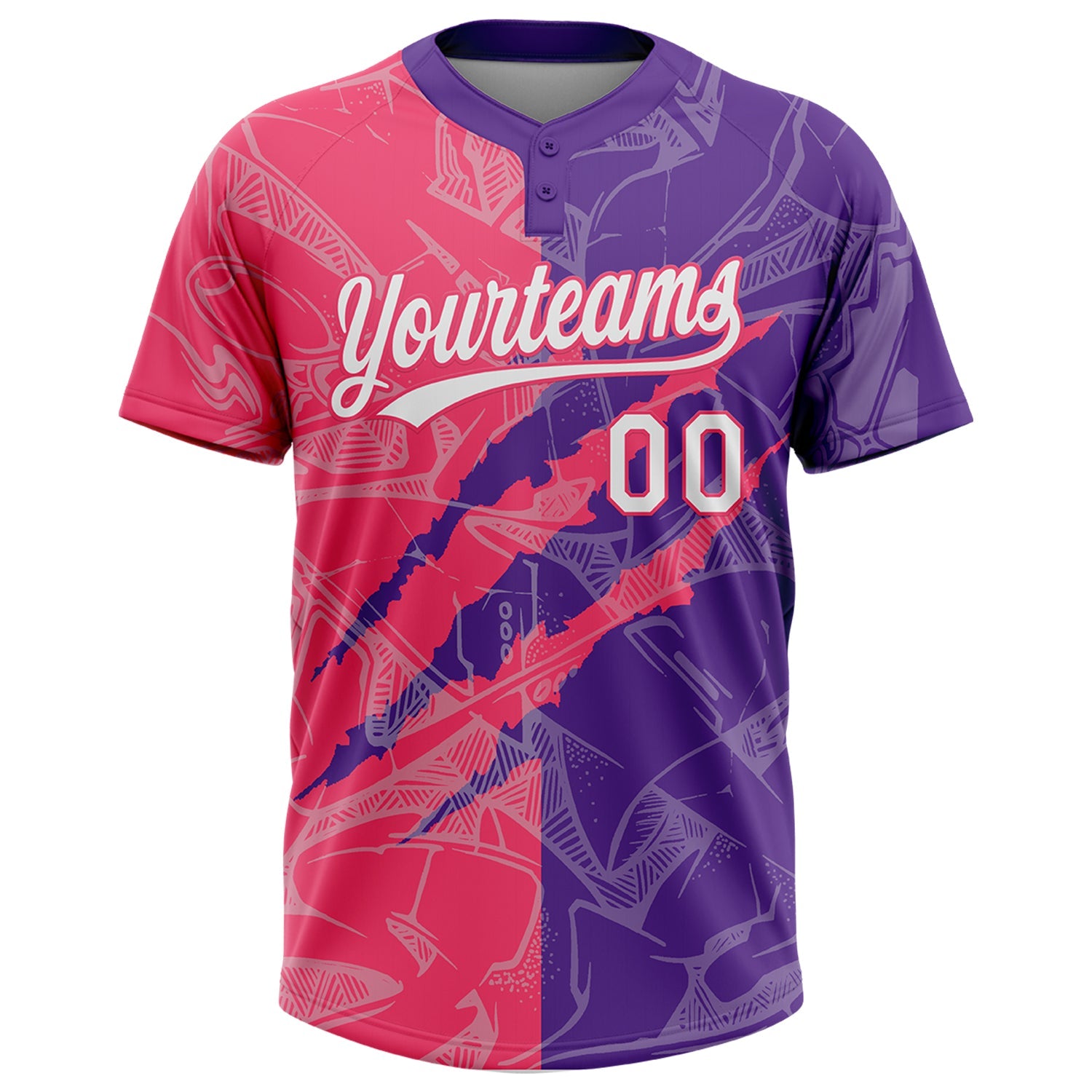 Custom Graffiti Pattern White Purple-Neon Pink 3D Scratch Two-Button Unisex Softball Jersey view 2