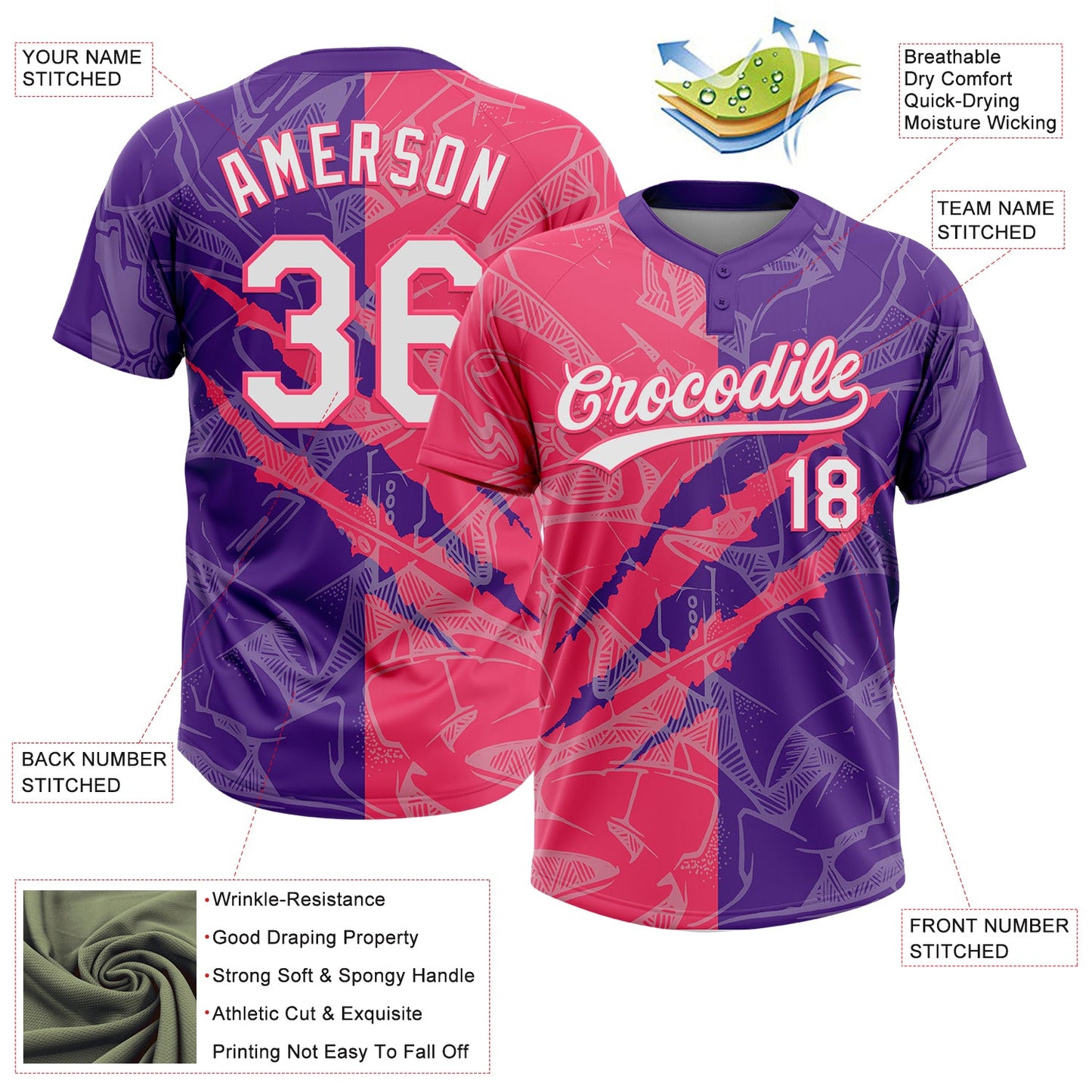 Custom Graffiti Pattern White Purple-Neon Pink 3D Scratch Two-Button Unisex Softball Jersey view 3