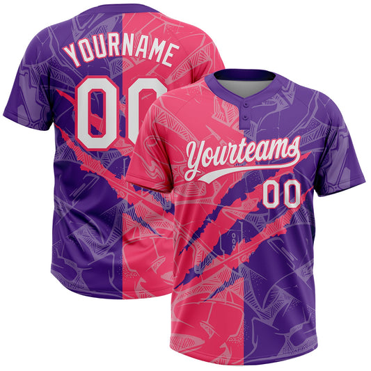 Custom Graffiti Pattern White Purple-Neon Pink 3D Scratch Two-Button Unisex Softball Jersey - Main View